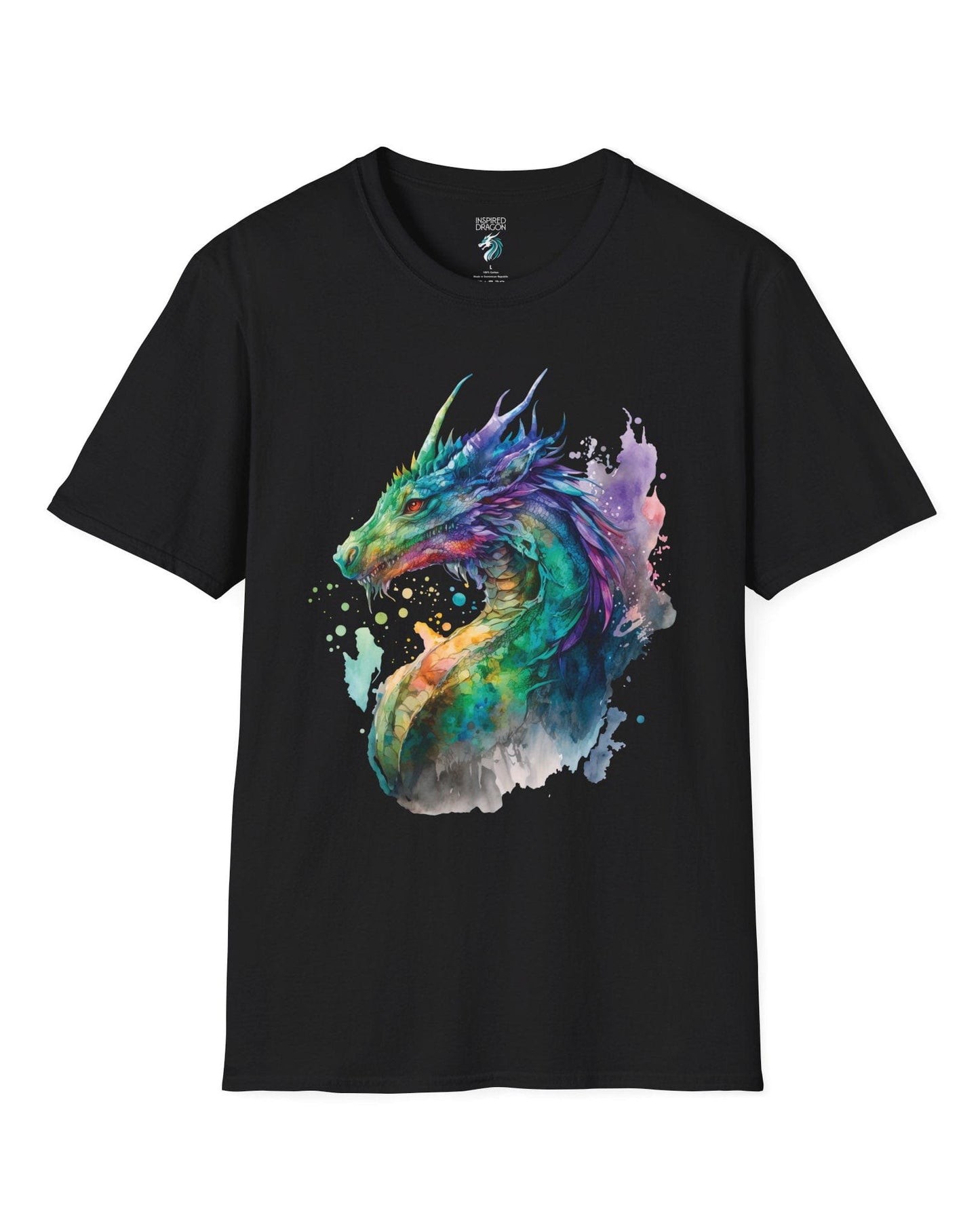 Chromatic Sentinel shirt in black, featuring vibrant watercolor art of a dragon’s head and neck in vivid colors.