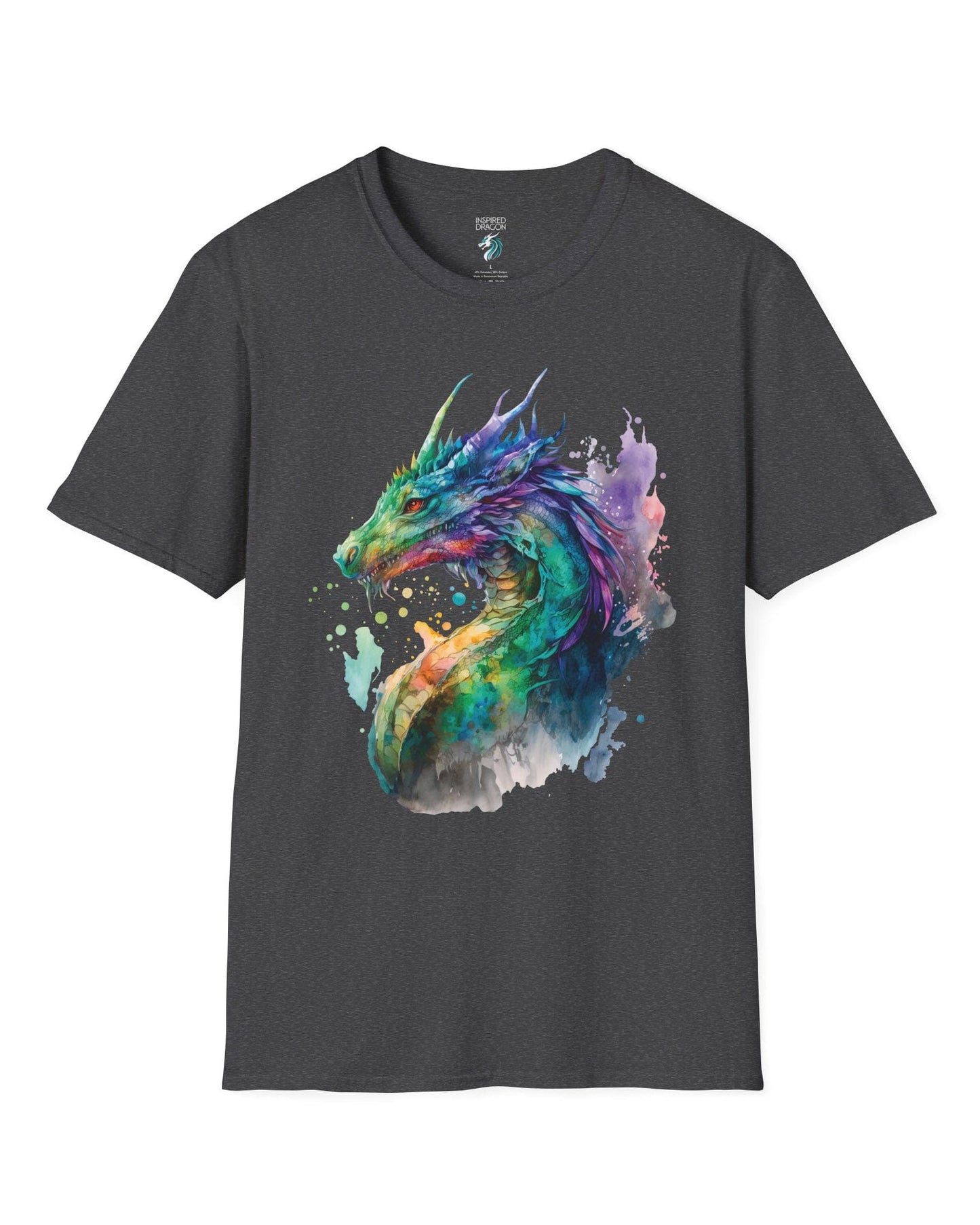 Chromatic Sentinel shirt in dark heather grey, featuring vibrant watercolor art of a dragon’s head and neck in vivid colors.