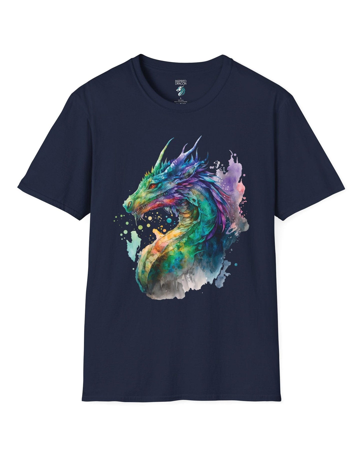 Chromatic Sentinel shirt in navy, featuring vibrant watercolor art of a dragon’s head and neck in vivid colors.