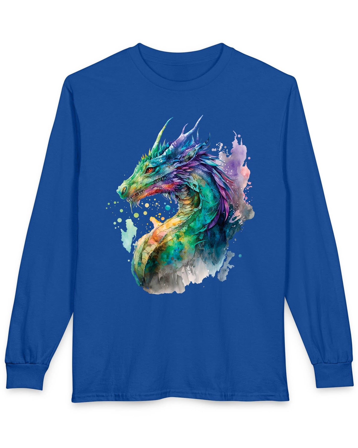 Chromatic Sentinel shirt in royal blue, featuring vibrant watercolor art of a dragon’s head and neck in vivid colors.