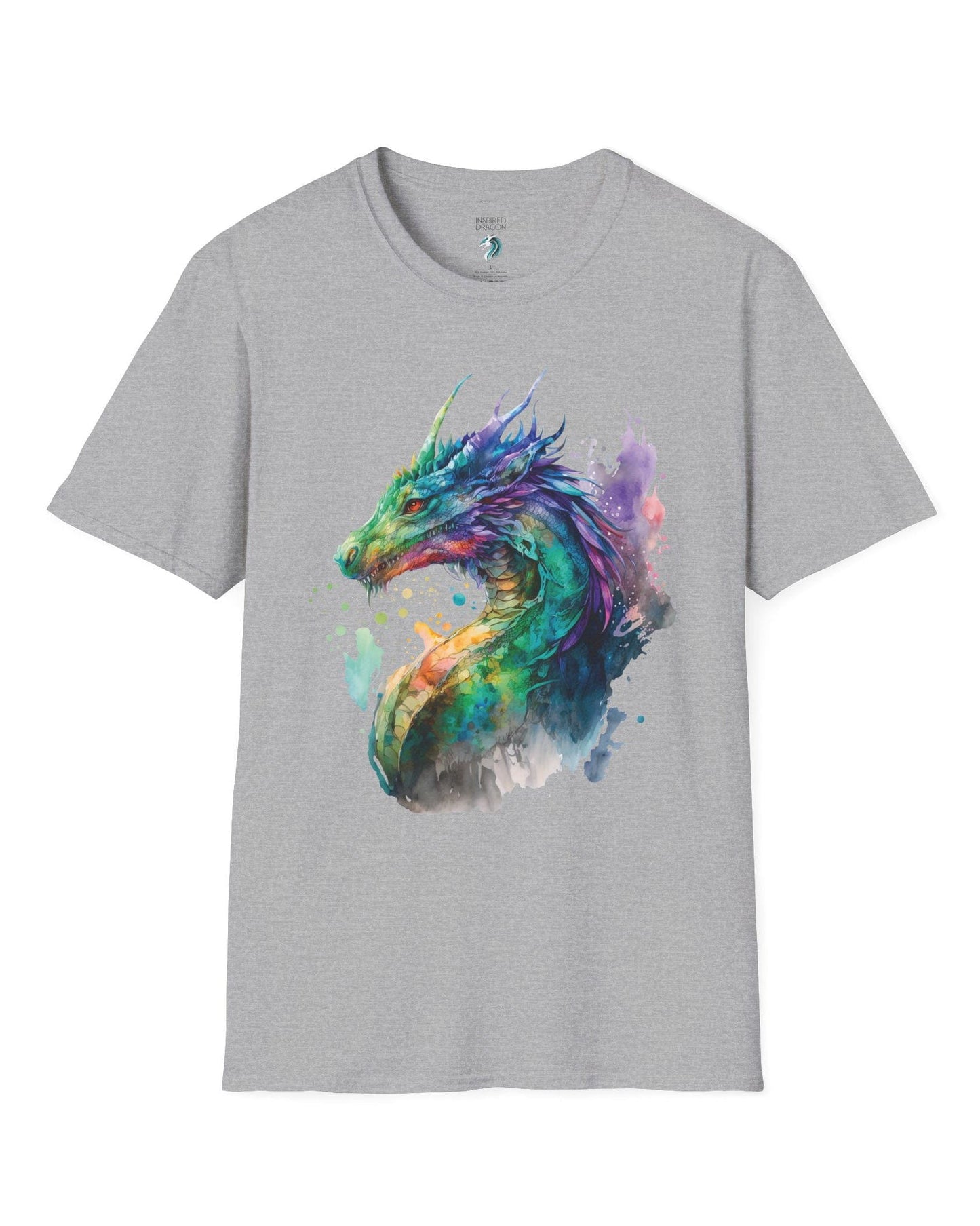 Chromatic Sentinel shirt in sport grey, featuring vibrant watercolor art of a dragon’s head and neck in vivid colors.