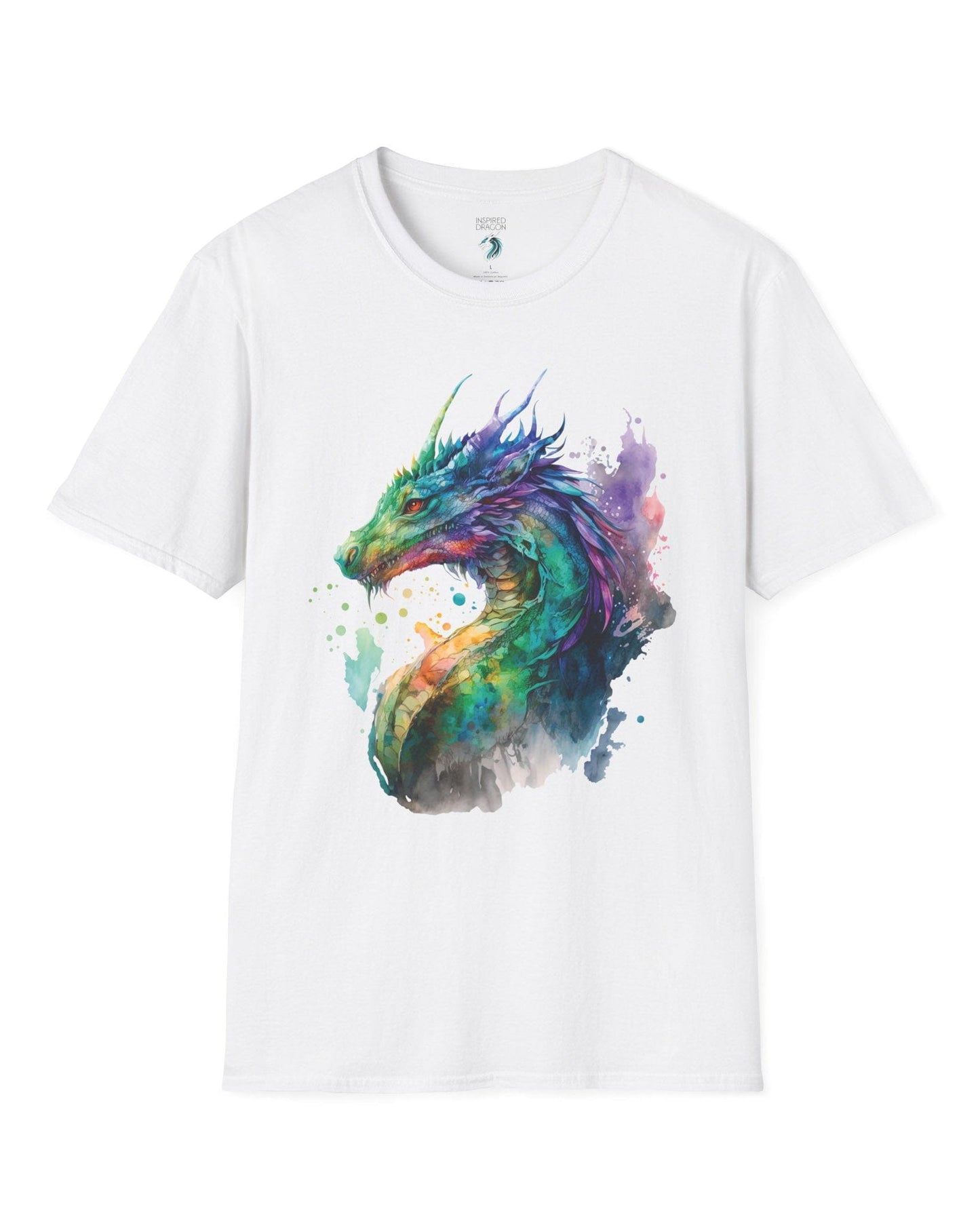 Chromatic Sentinel shirt in white, featuring vibrant watercolor art of a dragon’s head and neck in vivid colors.