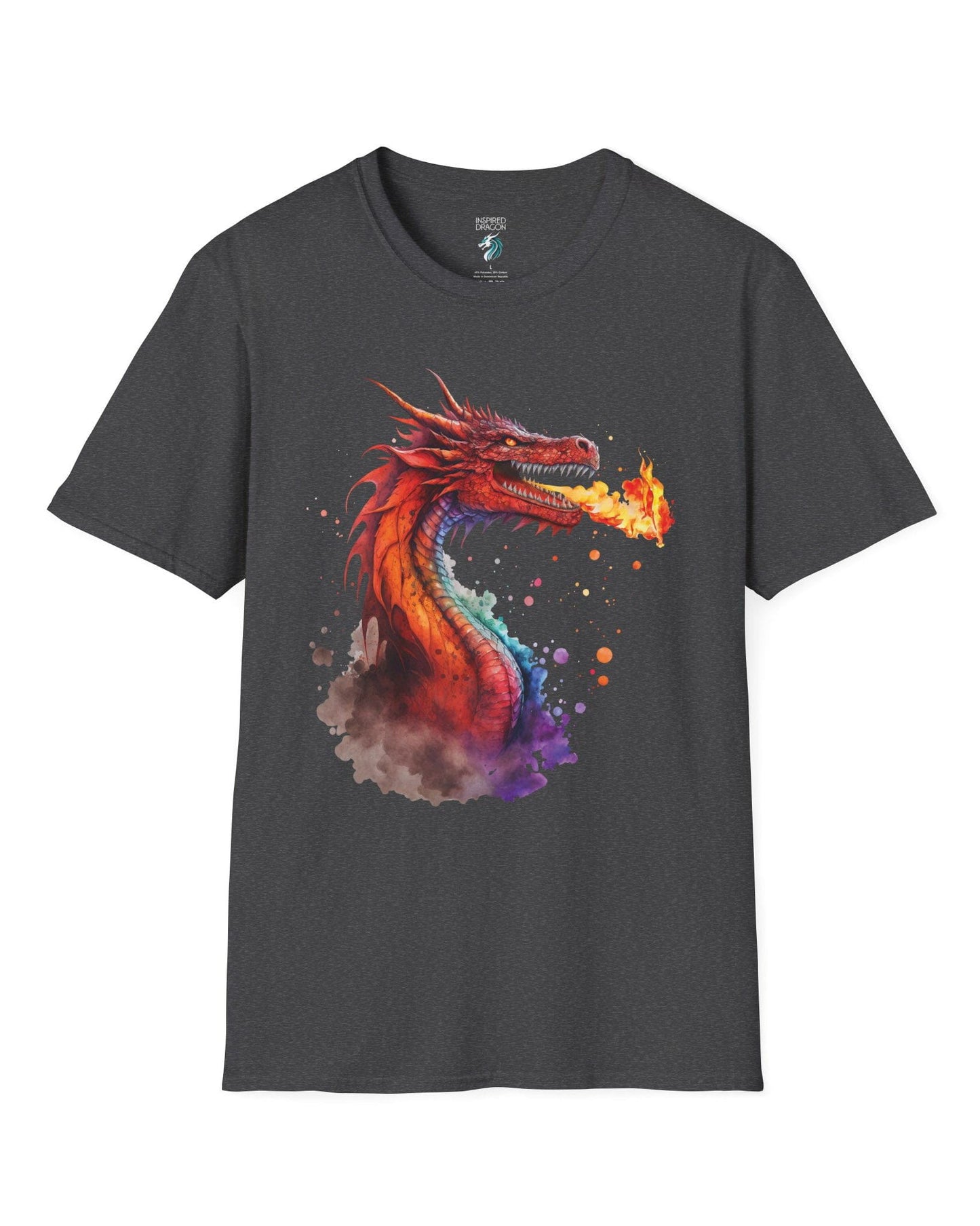 Blazing Fury shirt in dark heather grey featuring vibrant watercolor art of a fire-breathing dragon in red and orange hues.