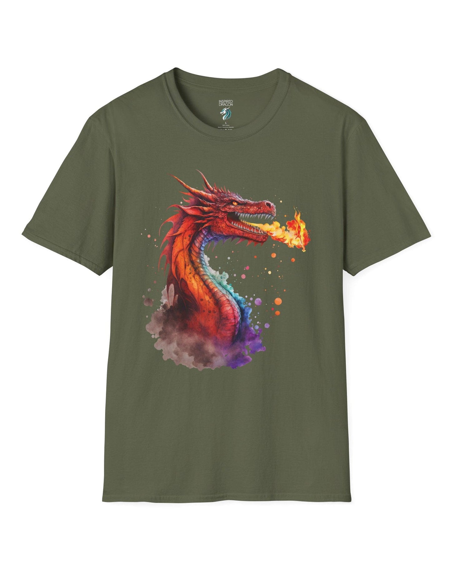 Blazing Fury shirt in military green featuring vibrant watercolor art of a fire-breathing dragon in red and orange hues.