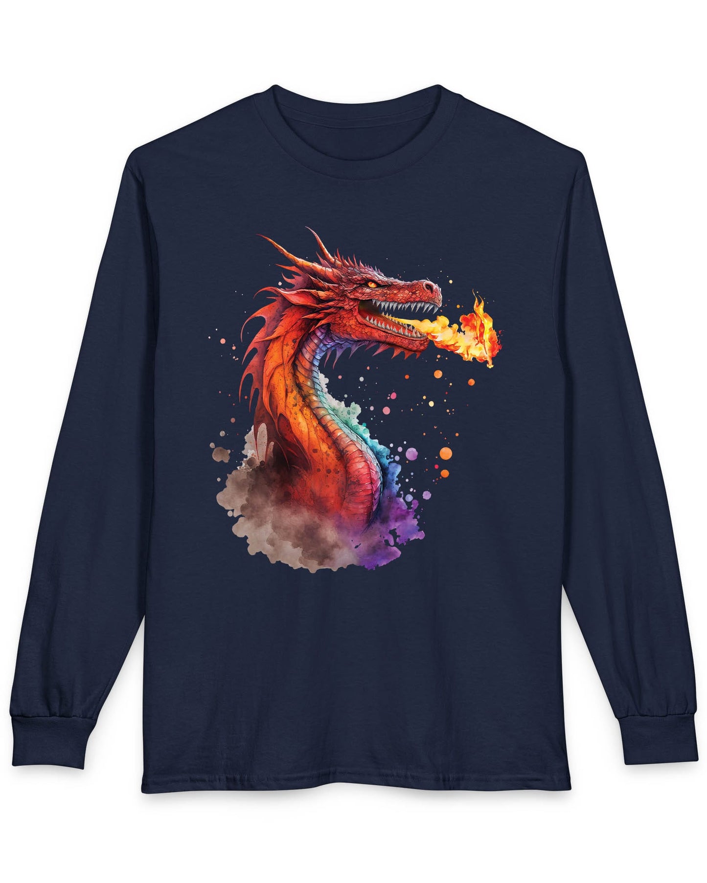 Blazing Fury shirt in navy featuring vibrant watercolor art of a fire-breathing dragon in red and orange hues