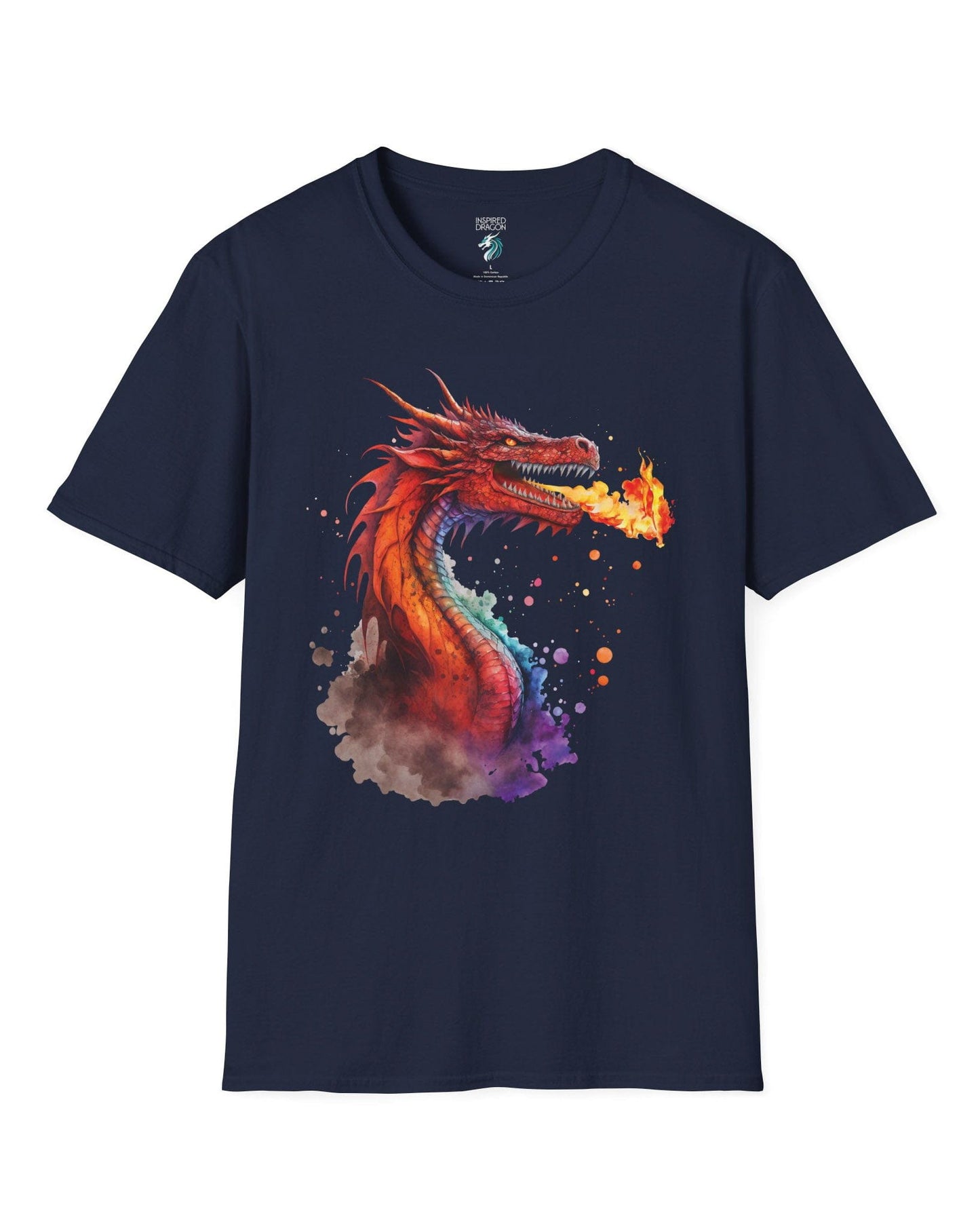 Blazing Fury shirt in navy featuring vibrant watercolor art of a fire-breathing dragon in red and orange hues.