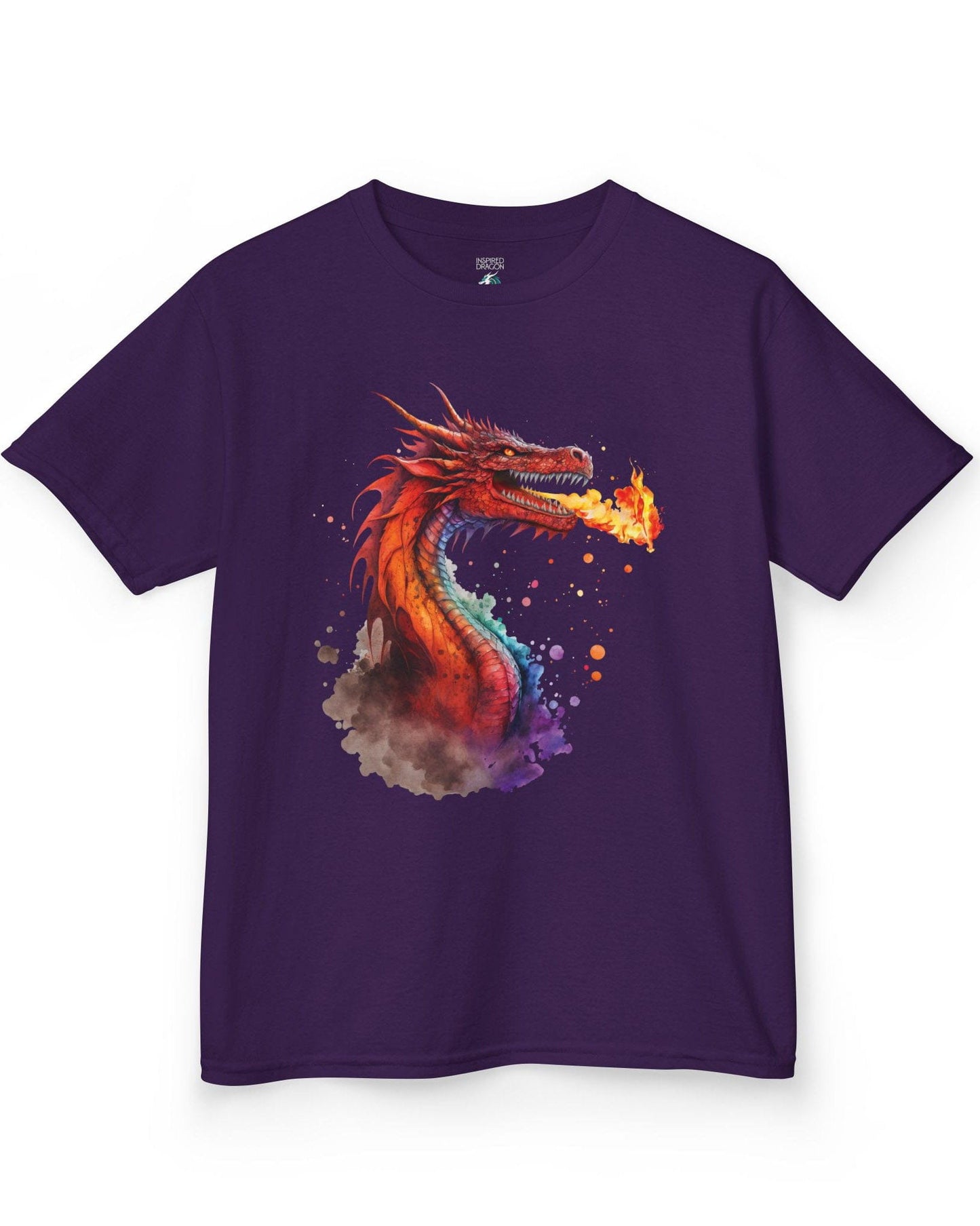Blazing Fury shirt in purple featuring vibrant watercolor art of a fire-breathing dragon in red and orange hues