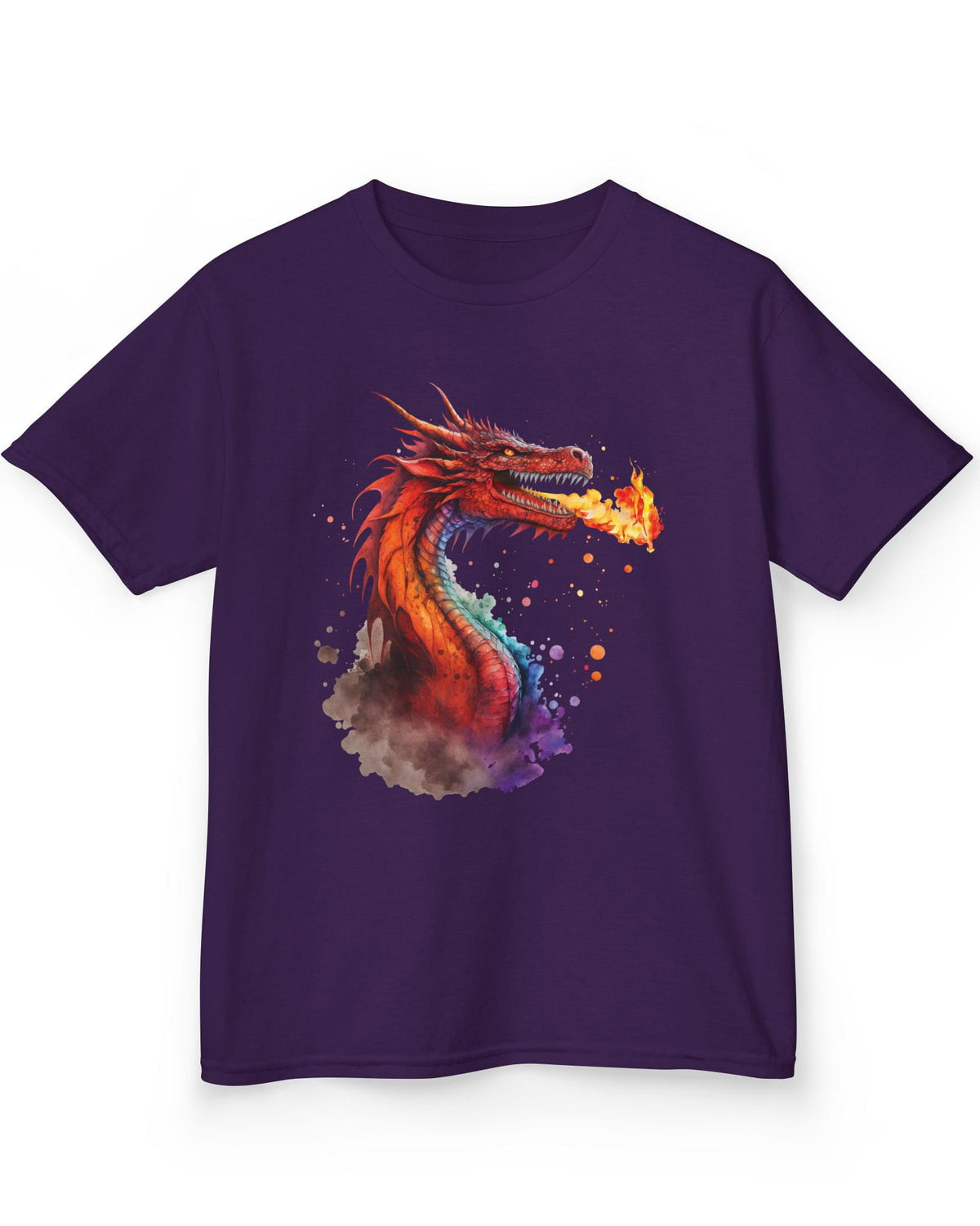 Blazing Fury shirt in purple featuring vibrant watercolor art of a fire-breathing dragon in red and orange hues