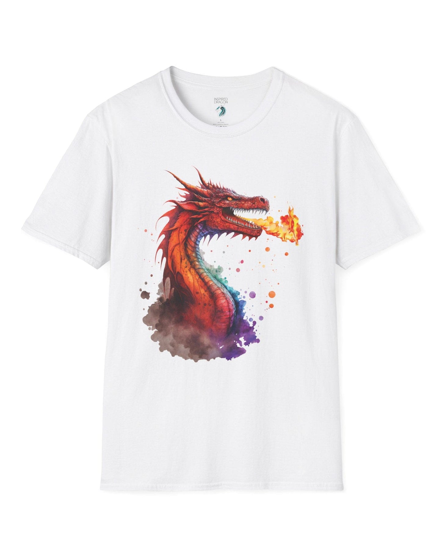 Blazing Fury shirt in white featuring vibrant watercolor art of a fire-breathing dragon in red and orange hues.