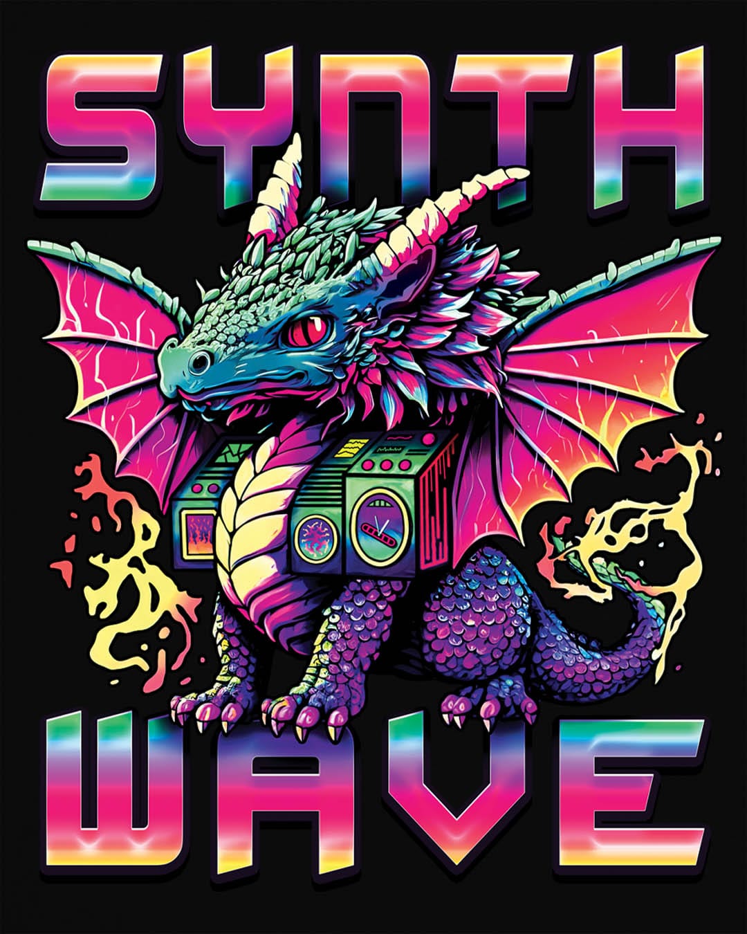 Synthwave Dragon shirt in black featuring the word "SYNTHWAVE" and neon art of a young dragon with a boombox.