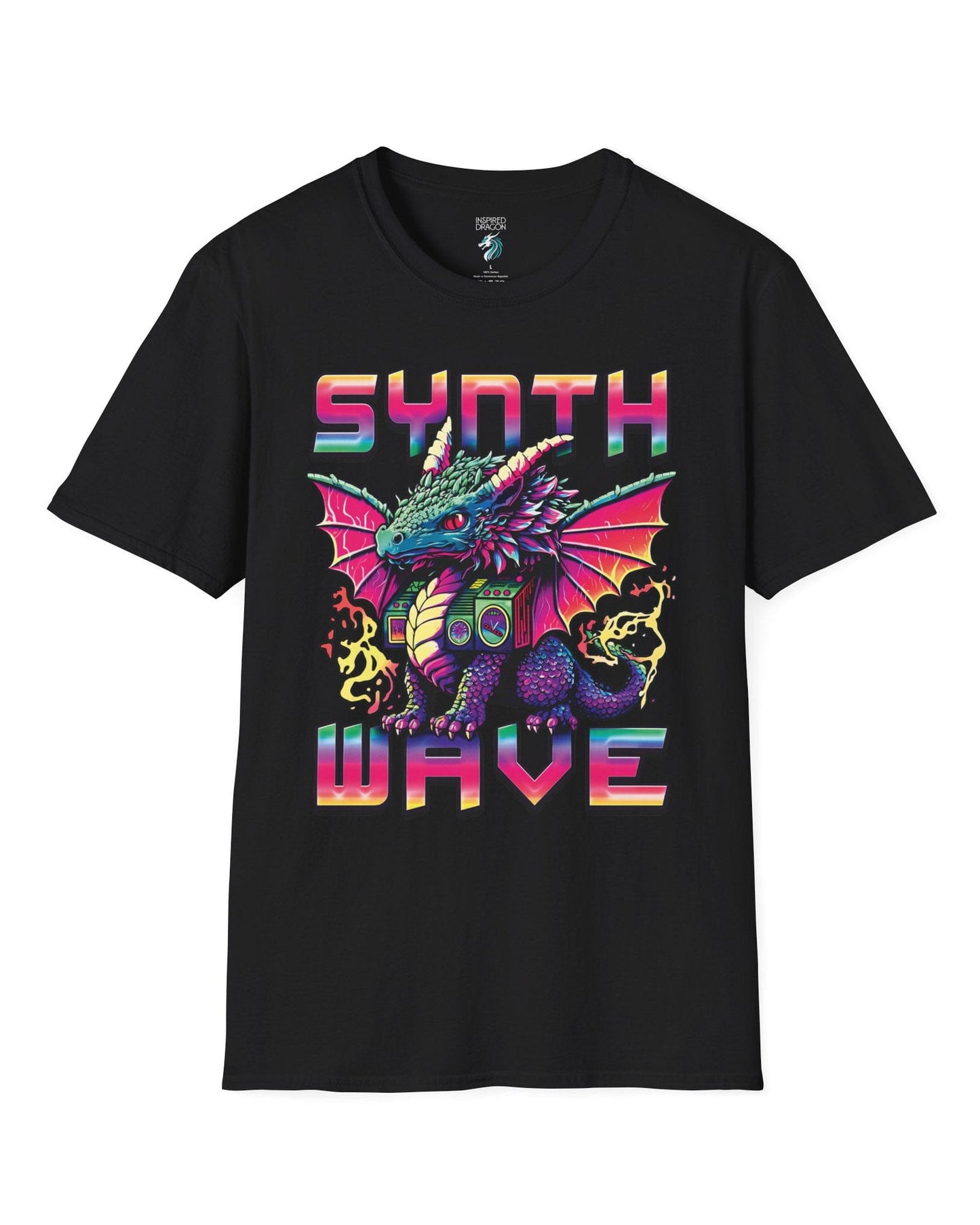 Synthwave Dragon shirt in black featuring the word "SYNTHWAVE" and neon art of a young dragon with a boombox.