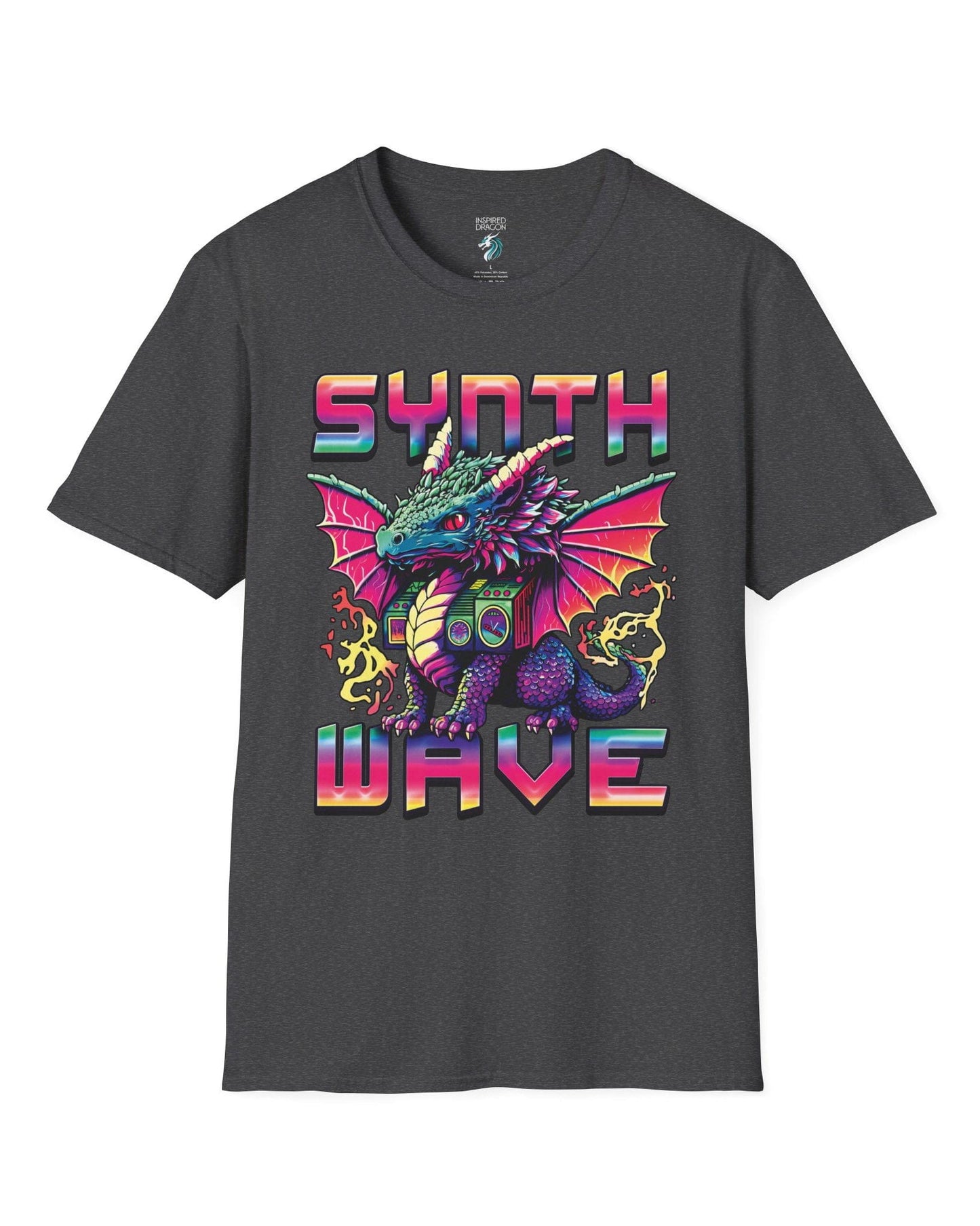 Synthwave Dragon shirt in dark heather grey featuring the word "SYNTHWAVE" and neon art of a young dragon with a boombox.
