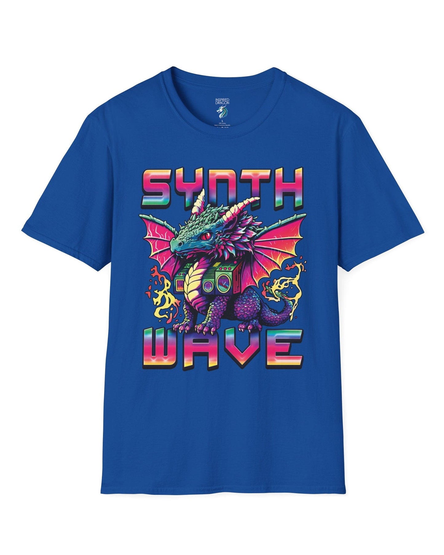 Synthwave Dragon shirt in royal blue featuring the word "SYNTHWAVE" and neon art of a young dragon with a boombox.