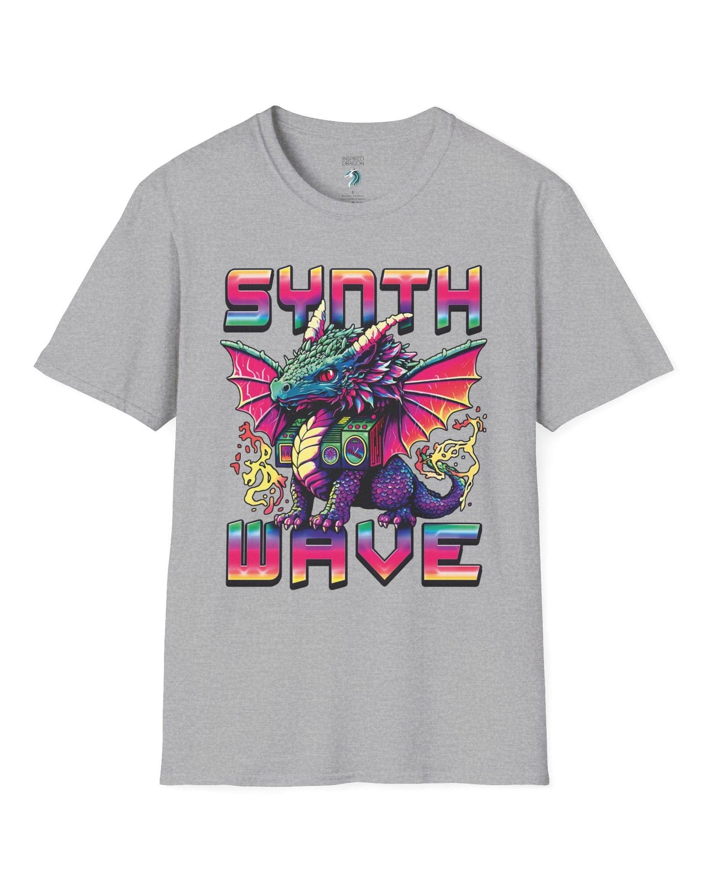 Synthwave Dragon shirt in sport grey featuring the word "SYNTHWAVE" and neon art of a young dragon with a boombox.