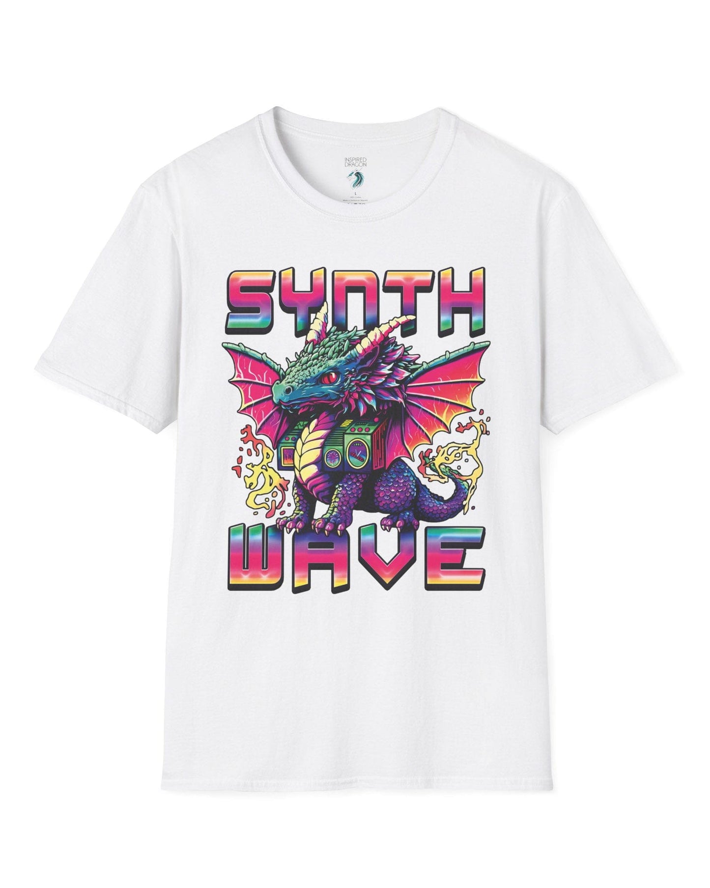 Synthwave Dragon shirt in white featuring the word "SYNTHWAVE" and neon art of a young dragon with a boombox.