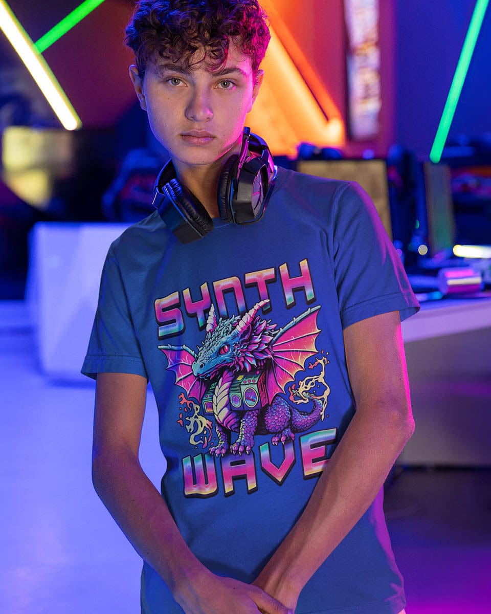 Man with headphones wearing a Synthwave Dragon shirt featuring the word "SYNTHWAVE" and neon art of a dragon with a boombox.