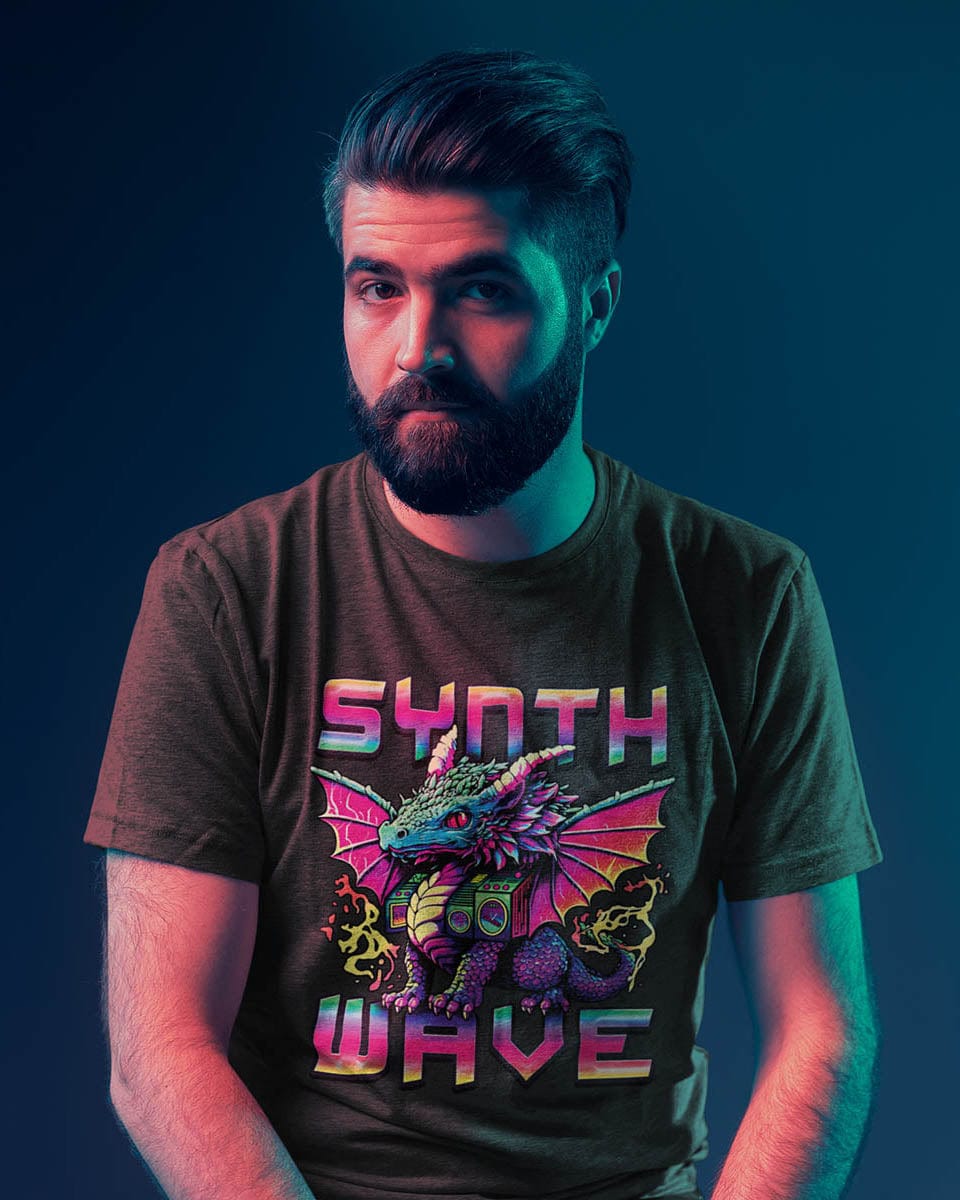 Man in retro lighting wearing a Synthwave Dragon shirt with the word "SYNTHWAVE" and neon art of a dragon with a boombox.