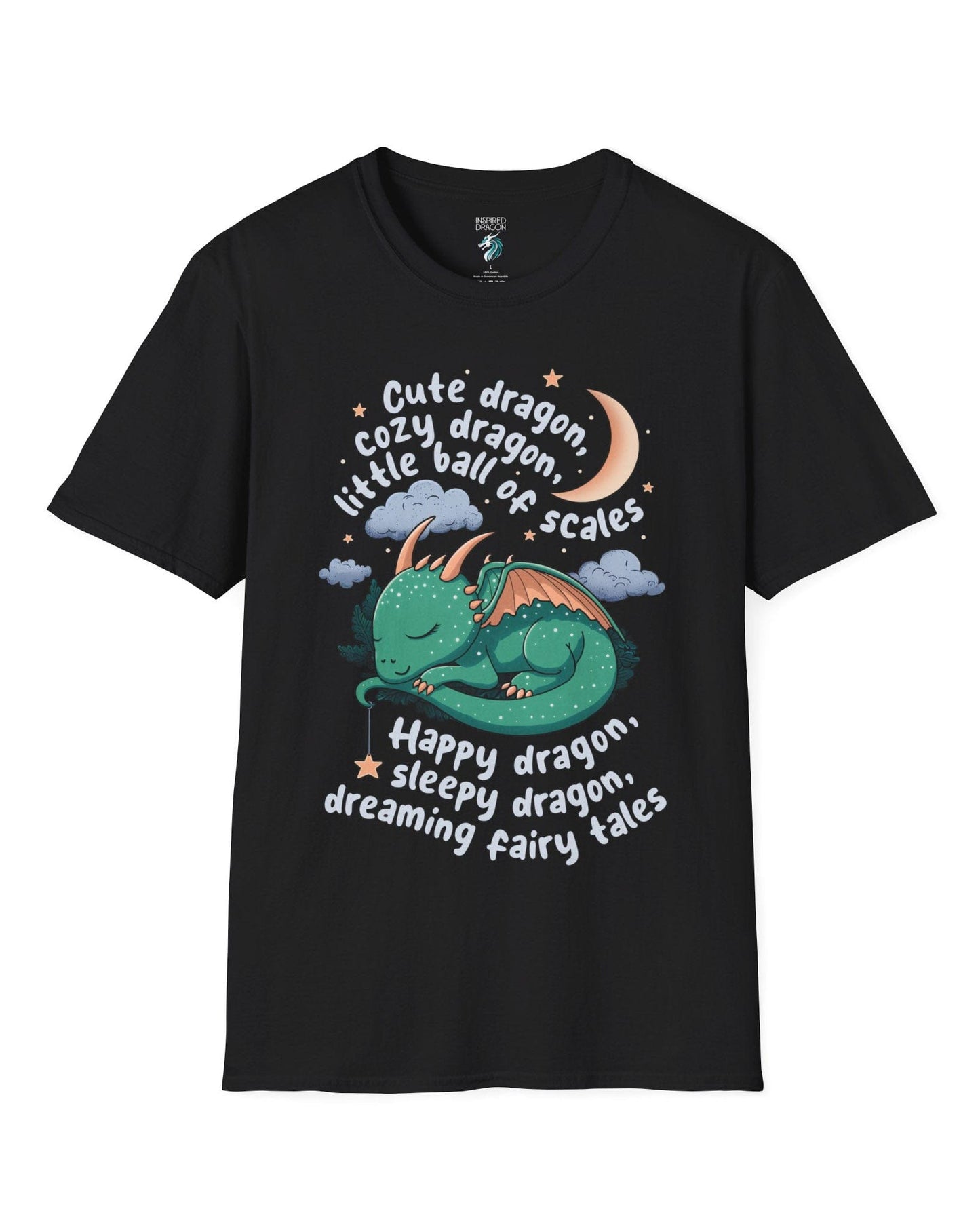 Sleepy Dragon shirt in black featuring a cute baby dragon curled up under the moon and stars with playful rhyming text.
