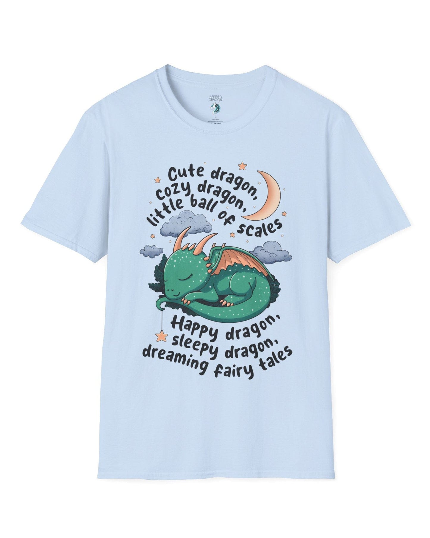 Sleepy Dragon shirt in light blue featuring a cute baby dragon curled up under the moon and stars with playful rhyming text.