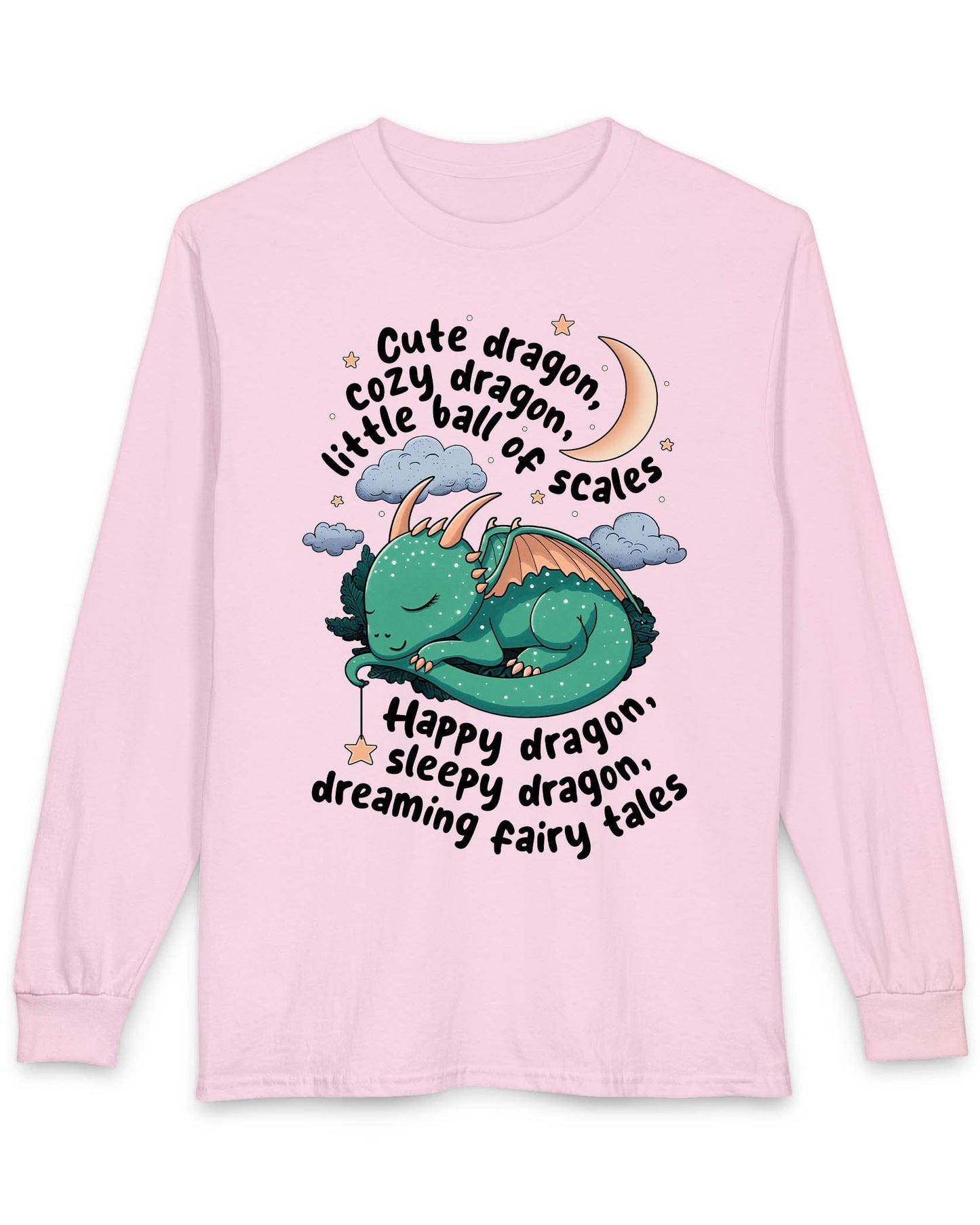 Sleepy Dragon shirt in light pink featuring a cute baby dragon curled up under the moon and stars with playful rhyming text.