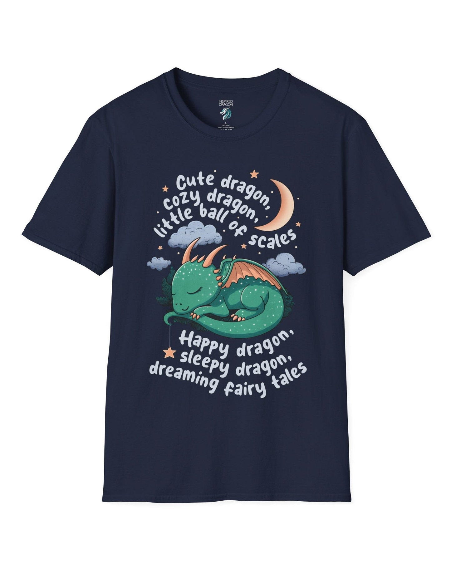 Sleepy Dragon shirt in navy featuring a cute baby dragon curled up under the moon and stars with playful rhyming text.