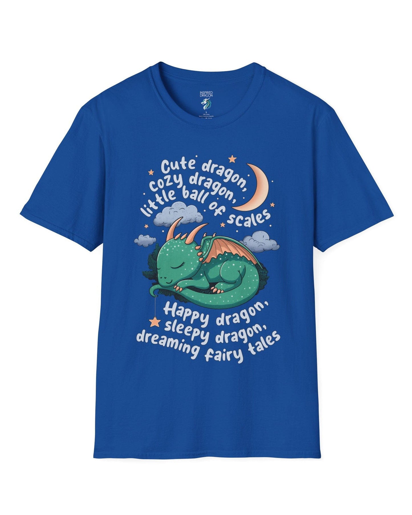 Sleepy Dragon shirt in royal blue featuring a cute baby dragon curled up under the moon and stars with playful rhyming text.