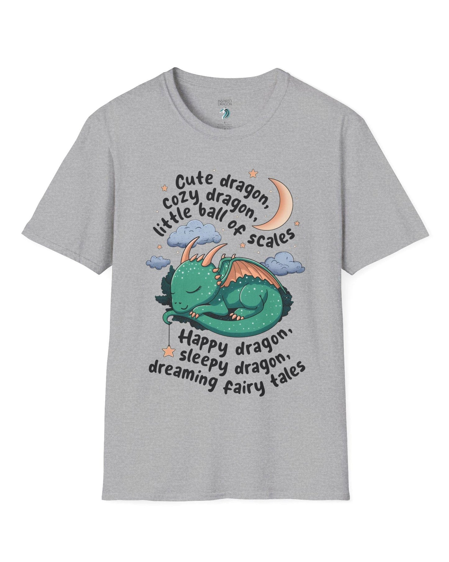 Sleepy Dragon shirt in sport grey featuring a cute baby dragon curled up under the moon and stars with playful rhyming text.