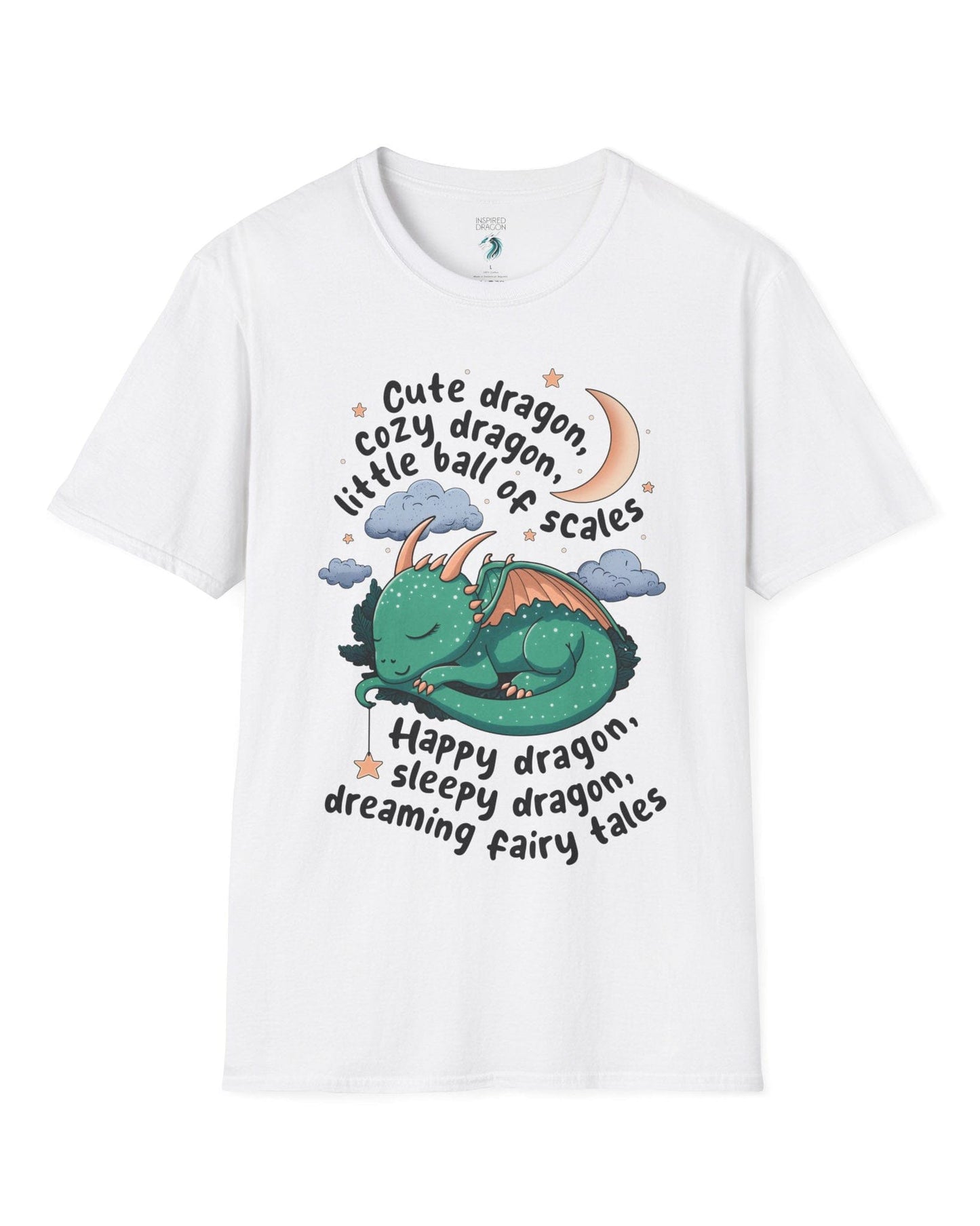 Sleepy Dragon shirt in white featuring a cute baby dragon curled up under the moon and stars with playful rhyming text.