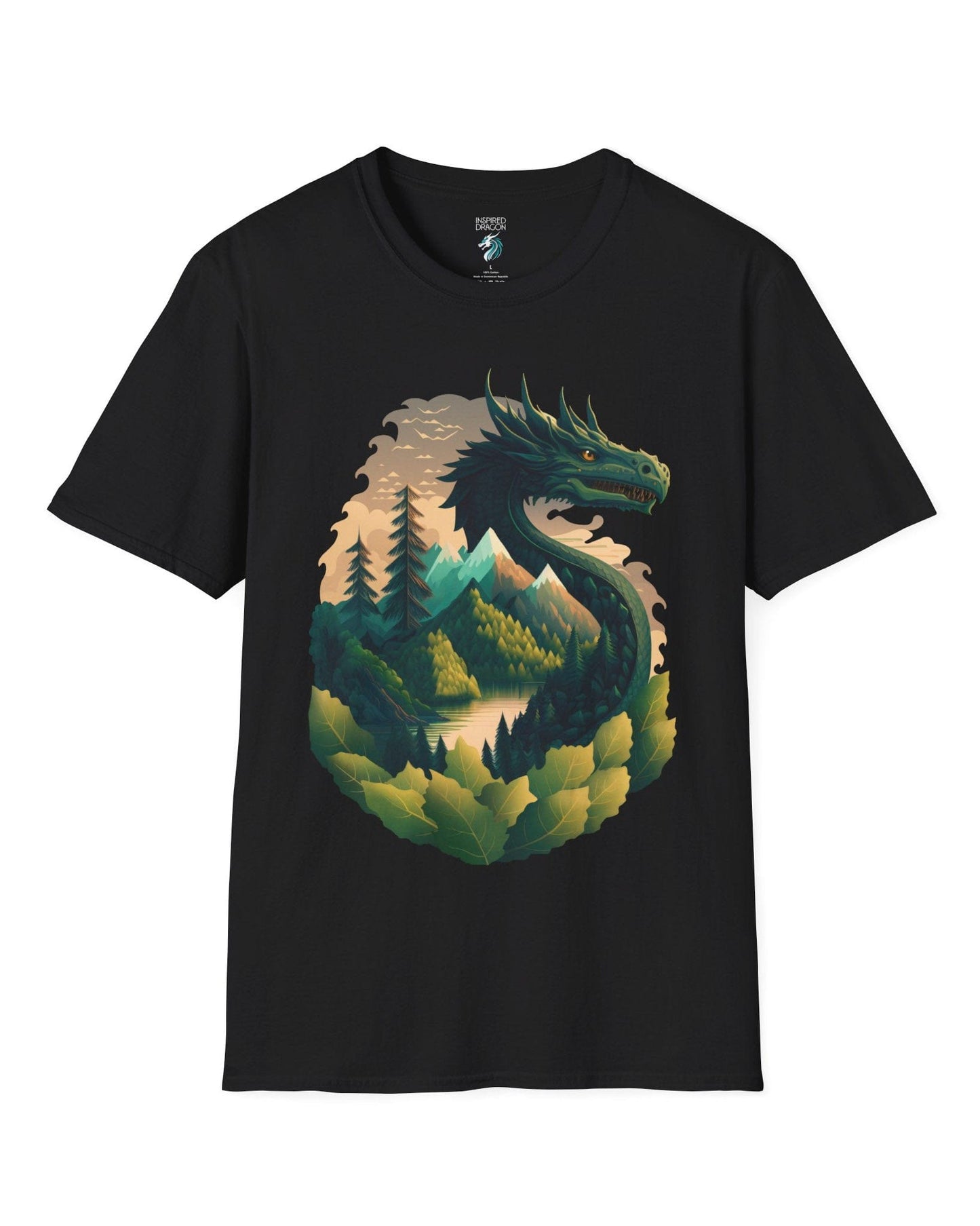 Go Green Dragon shirt in black featuring a green dragon blending into a mountain landscape with trees and a lake.
