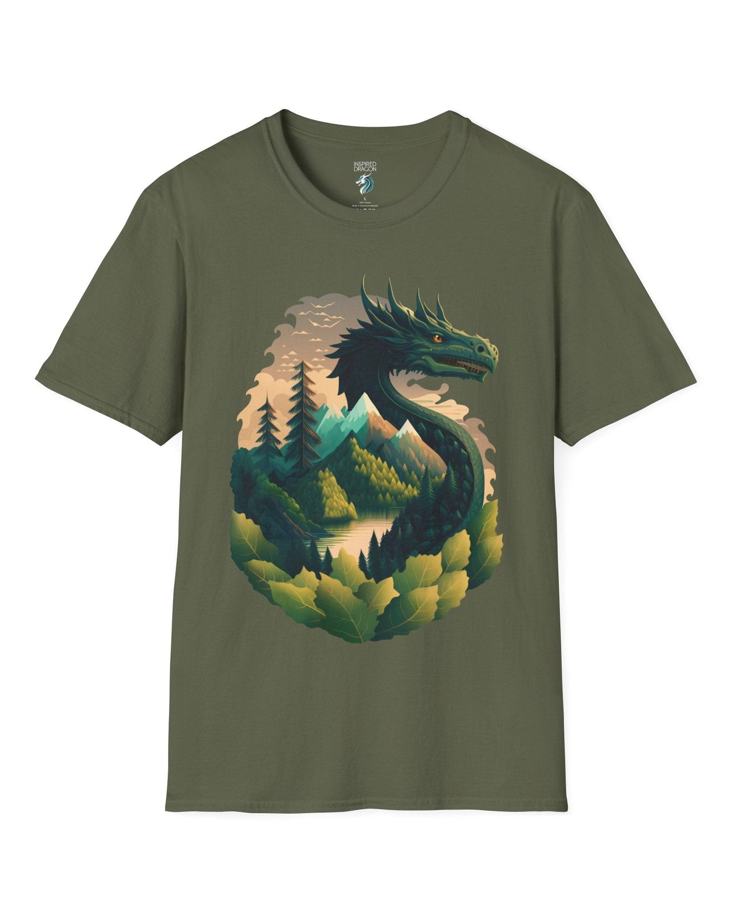 Go Green Dragon shirt in military green featuring a green dragon blending into a mountain landscape with trees and a lake.