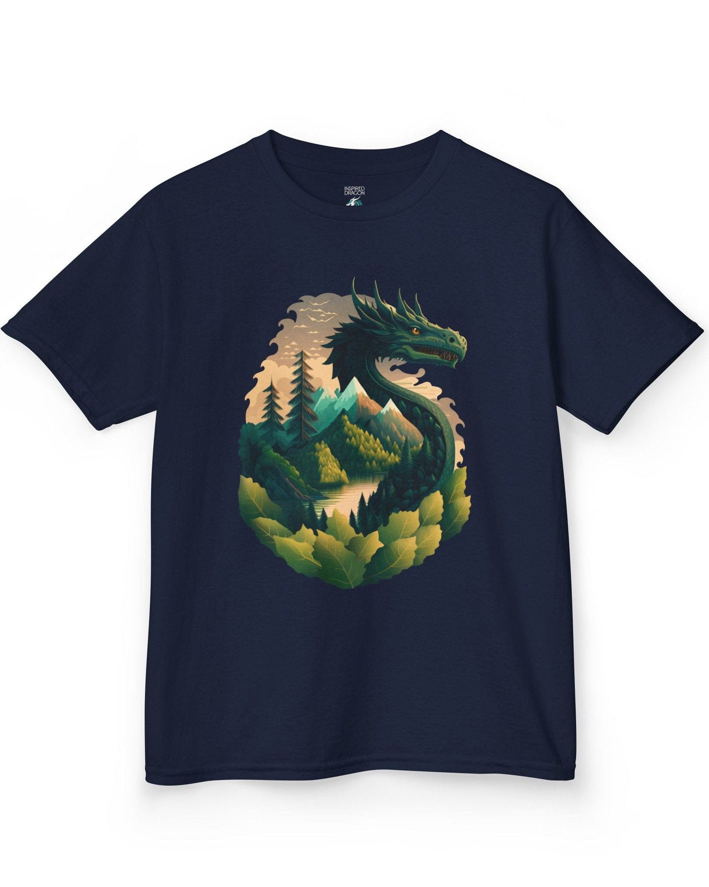 Go Green Dragon shirt in navy featuring a green dragon blending into a mountain landscape with trees and a lake