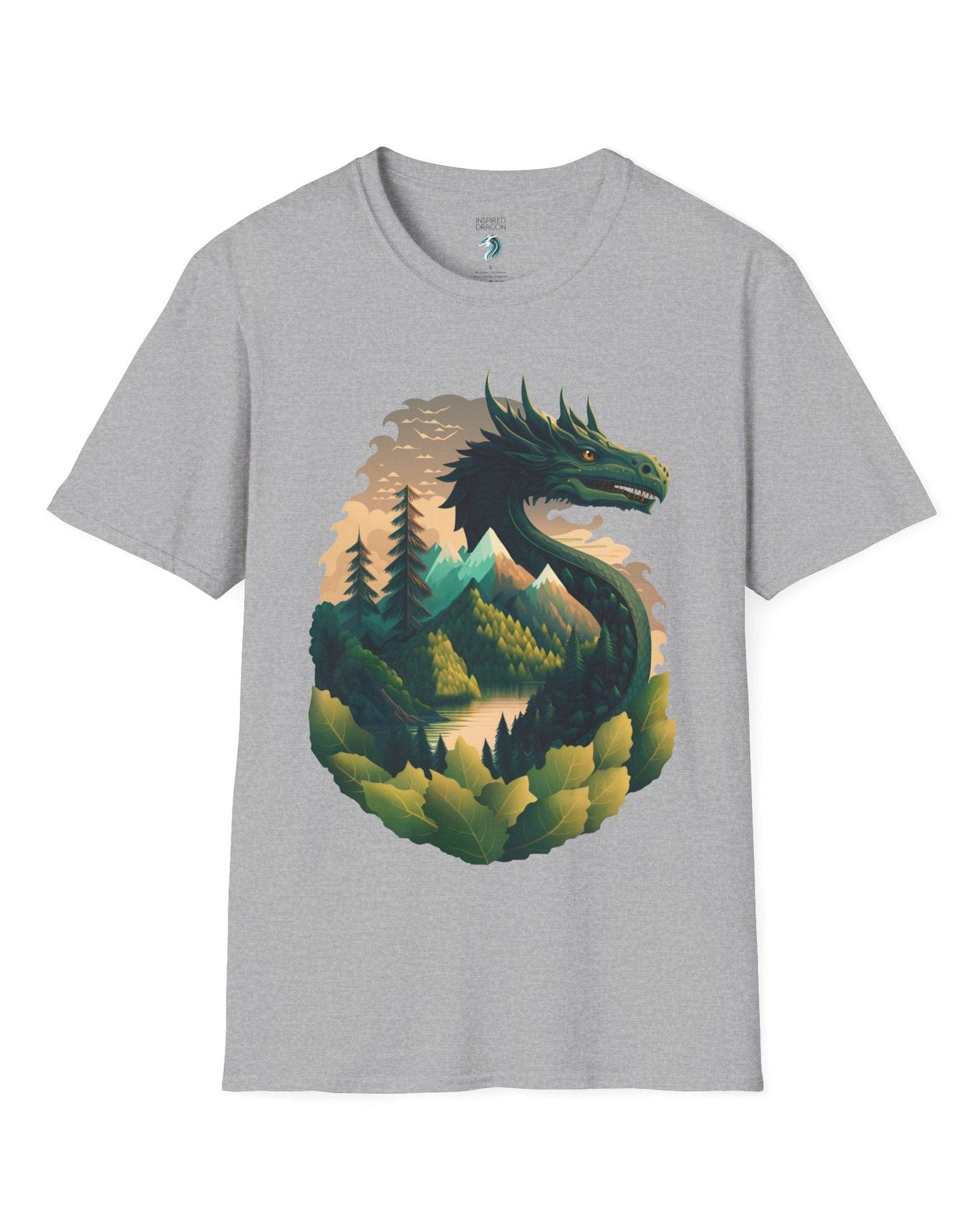Go Green Dragon shirt in sport grey featuring a green dragon blending into a mountain landscape with trees and a lake.