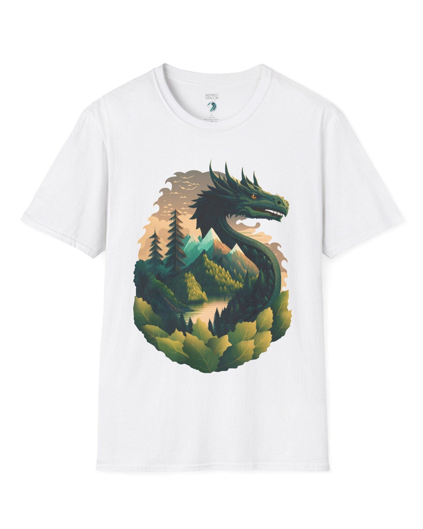 Go Green Dragon shirt in white featuring a green dragon blending into a mountain landscape with trees and a lake.