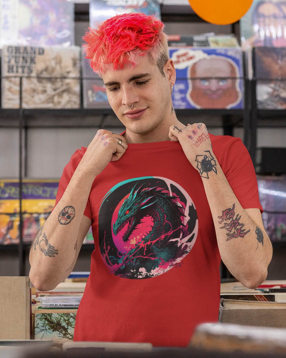 Tattooed man in a record store wearing a Neon Abyssal Dragon shirt featuring a fierce dragon with electric energy.