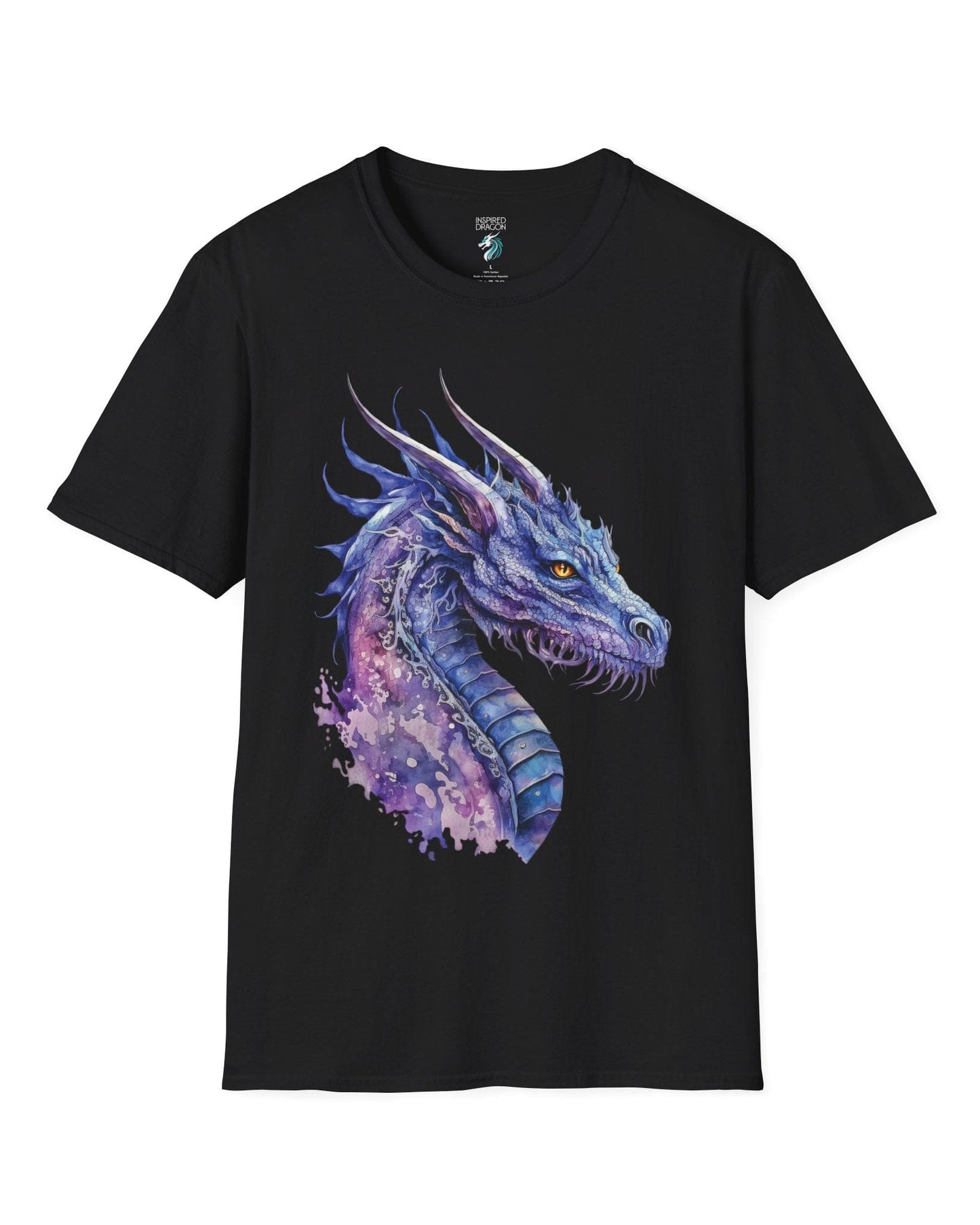 Amethyst Nebula Dragon shirt in black featuring ethereal watercolor art of an aquatic dragon with frills and tendrils.