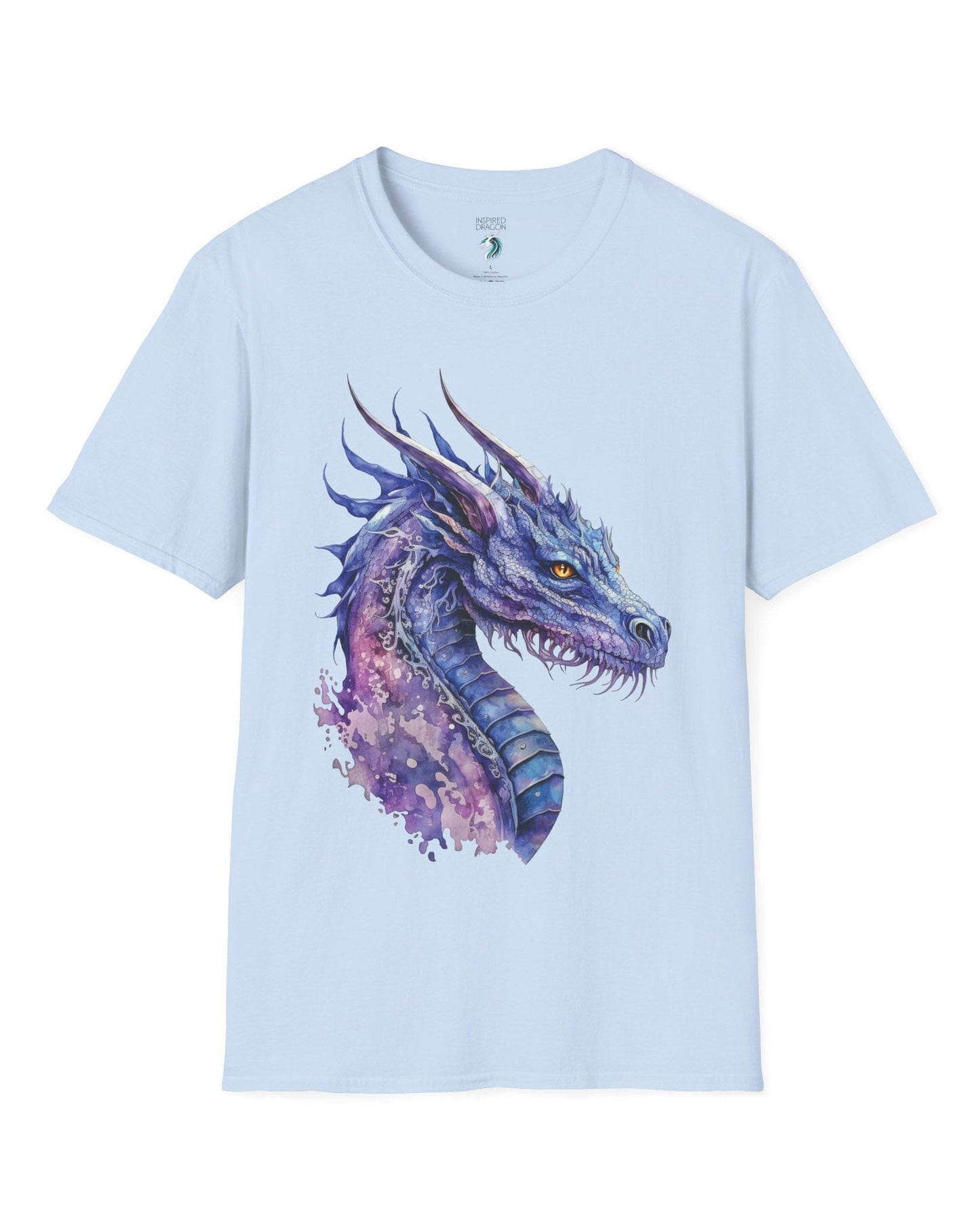 Amethyst Nebula Dragon shirt in light blue featuring ethereal watercolor art of an aquatic dragon with frills and tendrils.