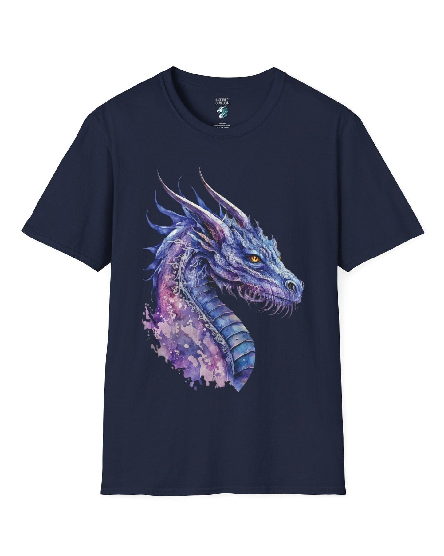 Amethyst Nebula Dragon shirt in navy featuring ethereal watercolor art of an aquatic dragon with frills and tendrils.