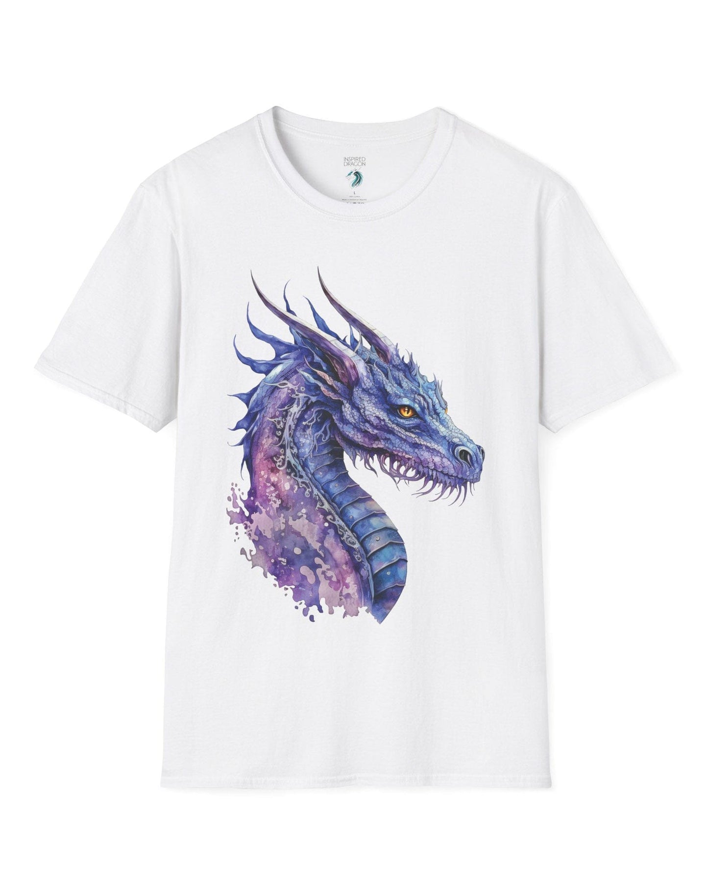 Amethyst Nebula Dragon shirt in white featuring ethereal watercolor art of an aquatic dragon with frills and tendrils.