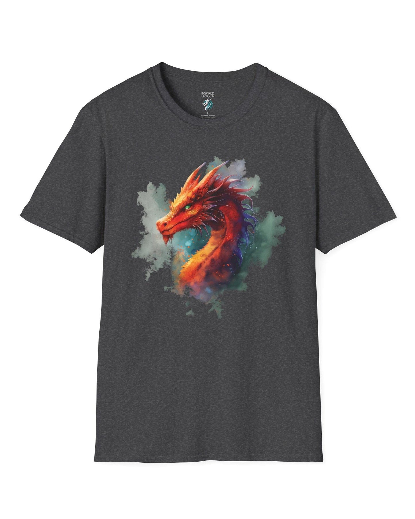 Crimson Majestic Dragon shirt in dark heather grey featuring ethereal watercolor art of a red-orange dragon's head and neck.