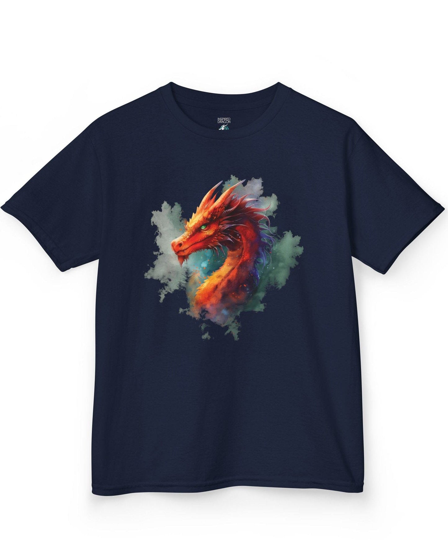 Crimson Majestic Dragon shirt in navy featuring ethereal watercolor art of a red-orange dragon's head and neck