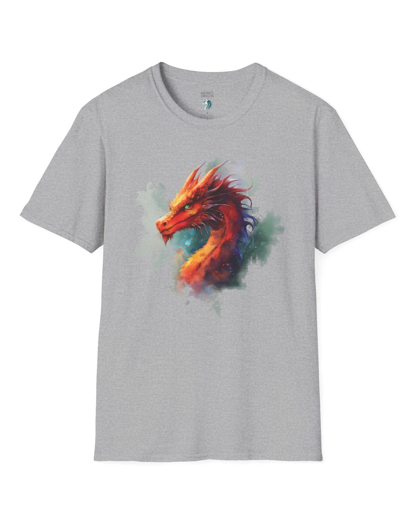 Crimson Majestic Dragon shirt in sport grey featuring ethereal watercolor art of a red-orange dragon's head and neck.