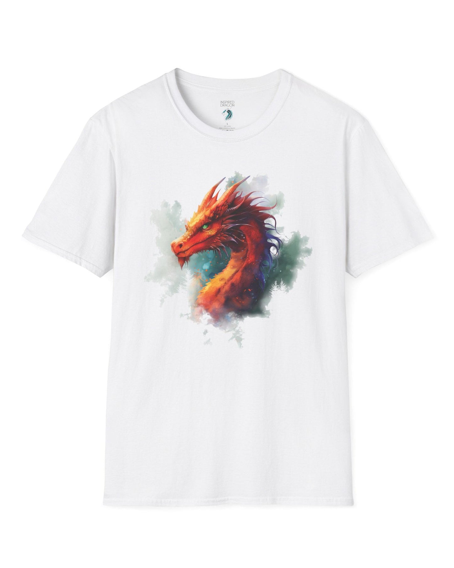 Crimson Majestic Dragon shirt in white featuring ethereal watercolor art of a red-orange dragon's head and neck.