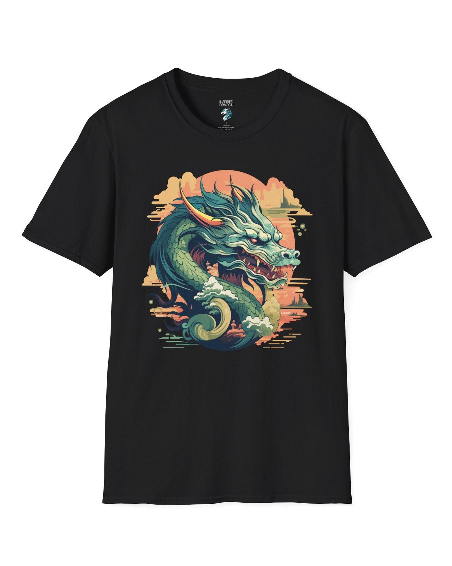 Sunset Sovereign Dragon shirt in black featuring a jade-colored serpentine dragon in a golden sunset sky.