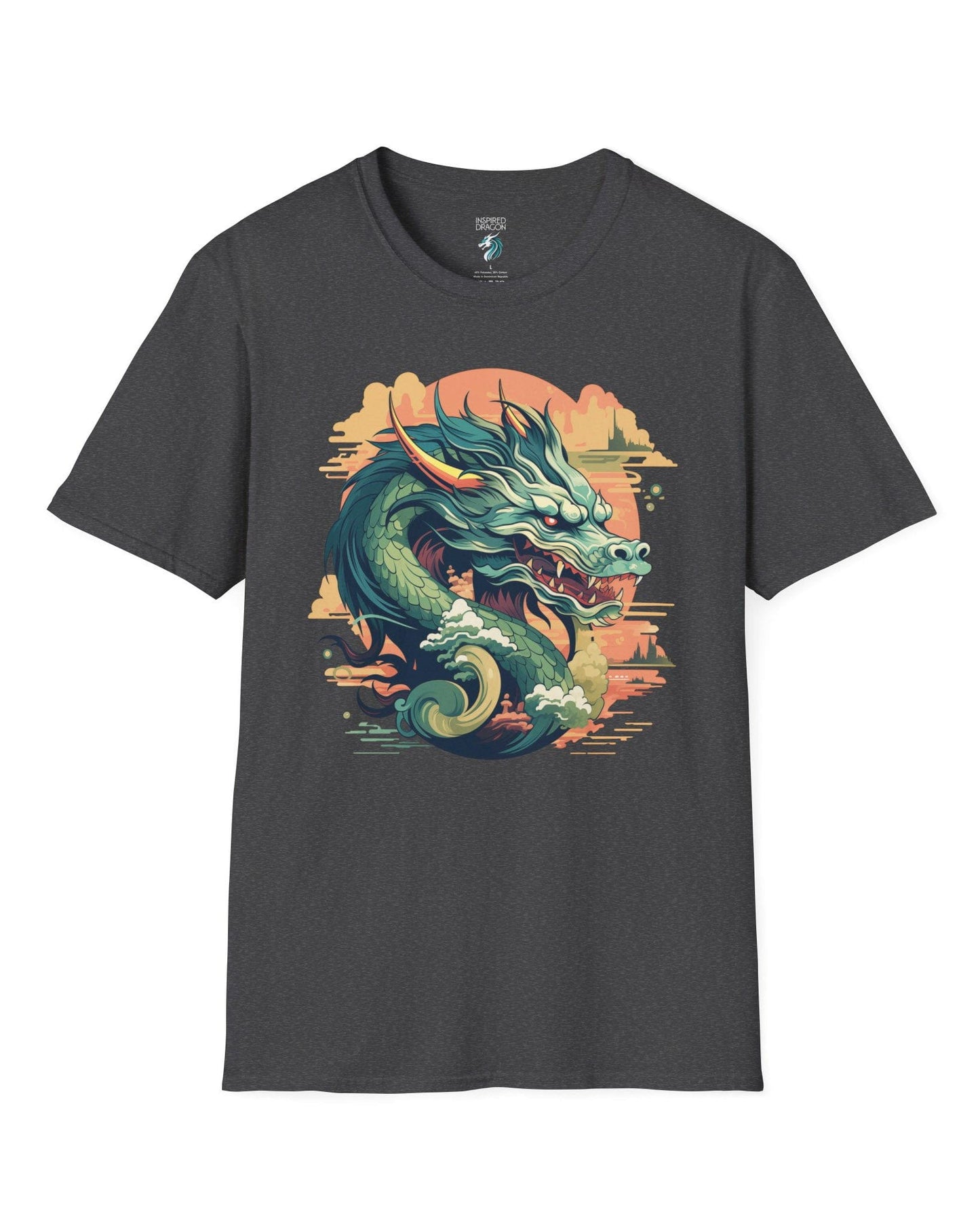 Sunset Sovereign Dragon shirt in dark heather grey featuring a jade-colored serpentine dragon in a golden sunset sky.
