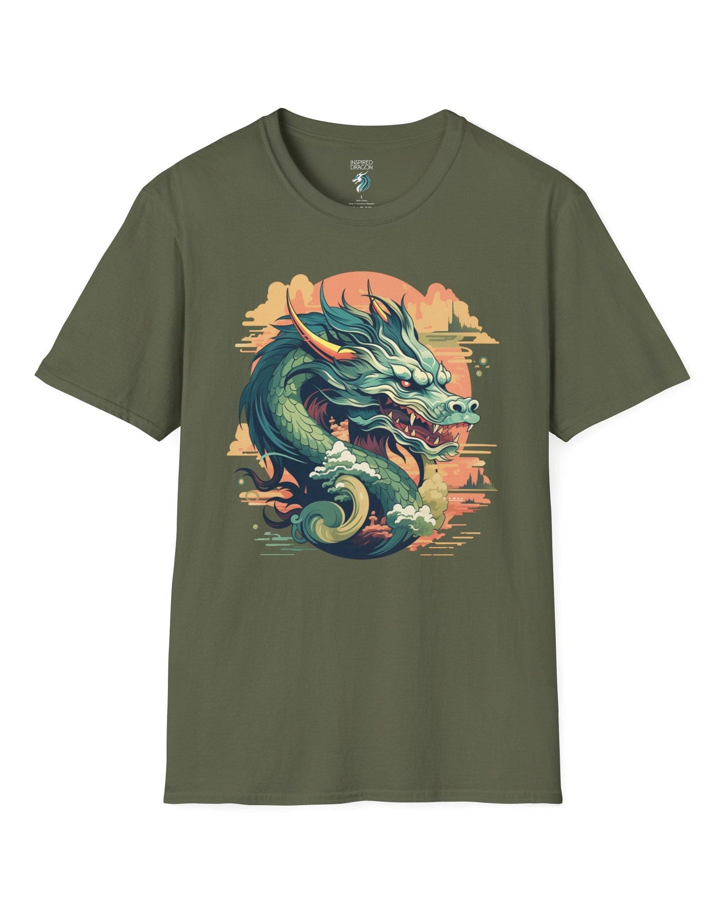 Sunset Sovereign Dragon shirt in military green featuring a jade-colored serpentine dragon in a golden sunset sky.