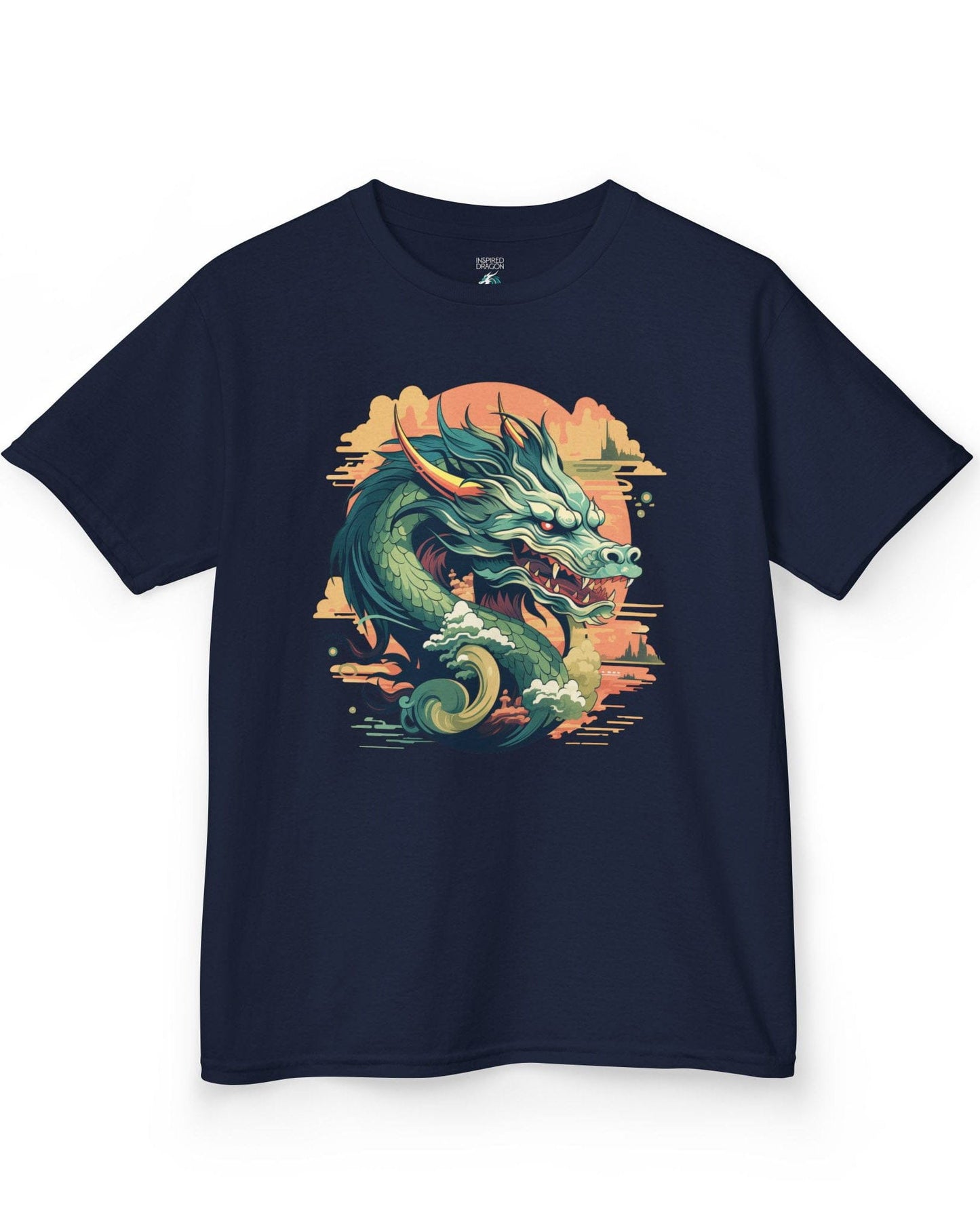 Sunset Sovereign Dragon shirt in navy featuring a jade-colored serpentine dragon in a golden sunset sky