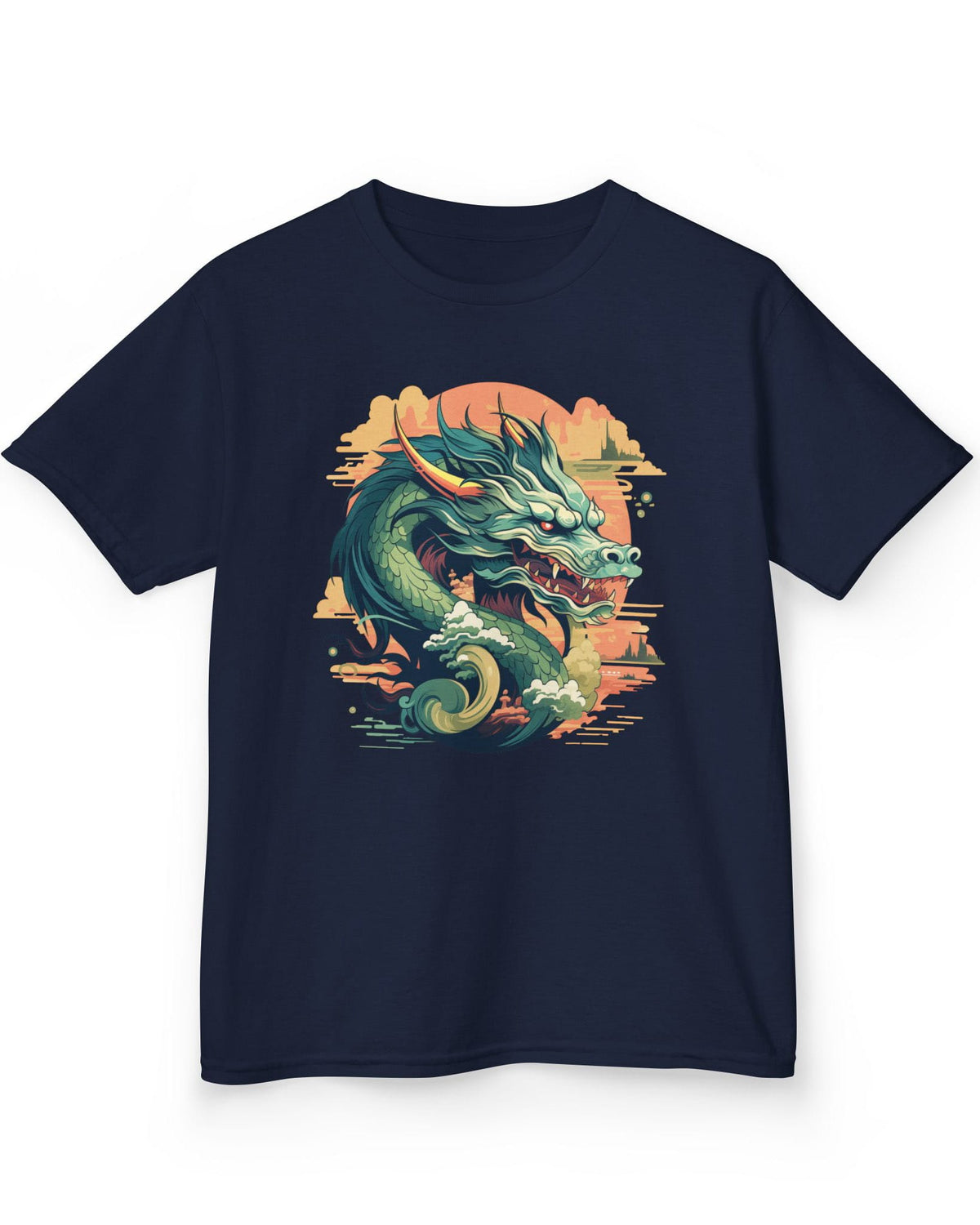 Sunset Sovereign Dragon shirt in navy featuring a jade-colored serpentine dragon in a golden sunset sky