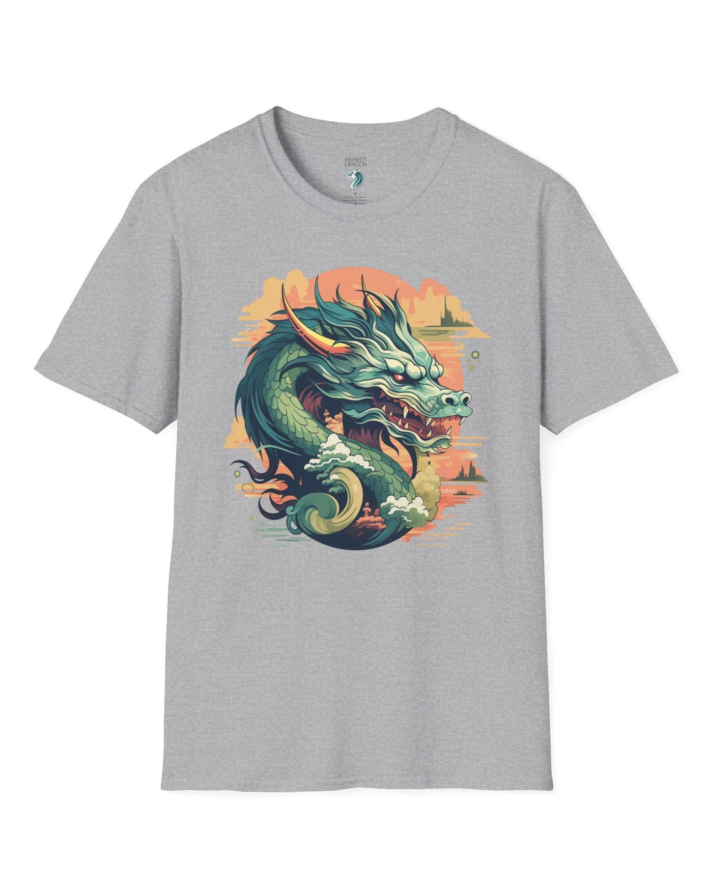 Sunset Sovereign Dragon shirt in sport grey featuring a jade-colored serpentine dragon in a golden sunset sky.