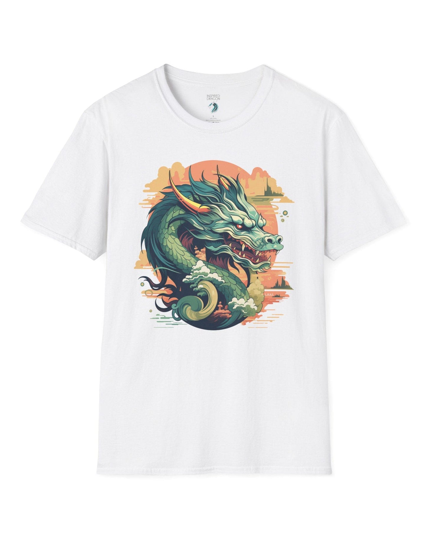 Sunset Sovereign Dragon shirt in white featuring a jade-colored serpentine dragon in a golden sunset sky.