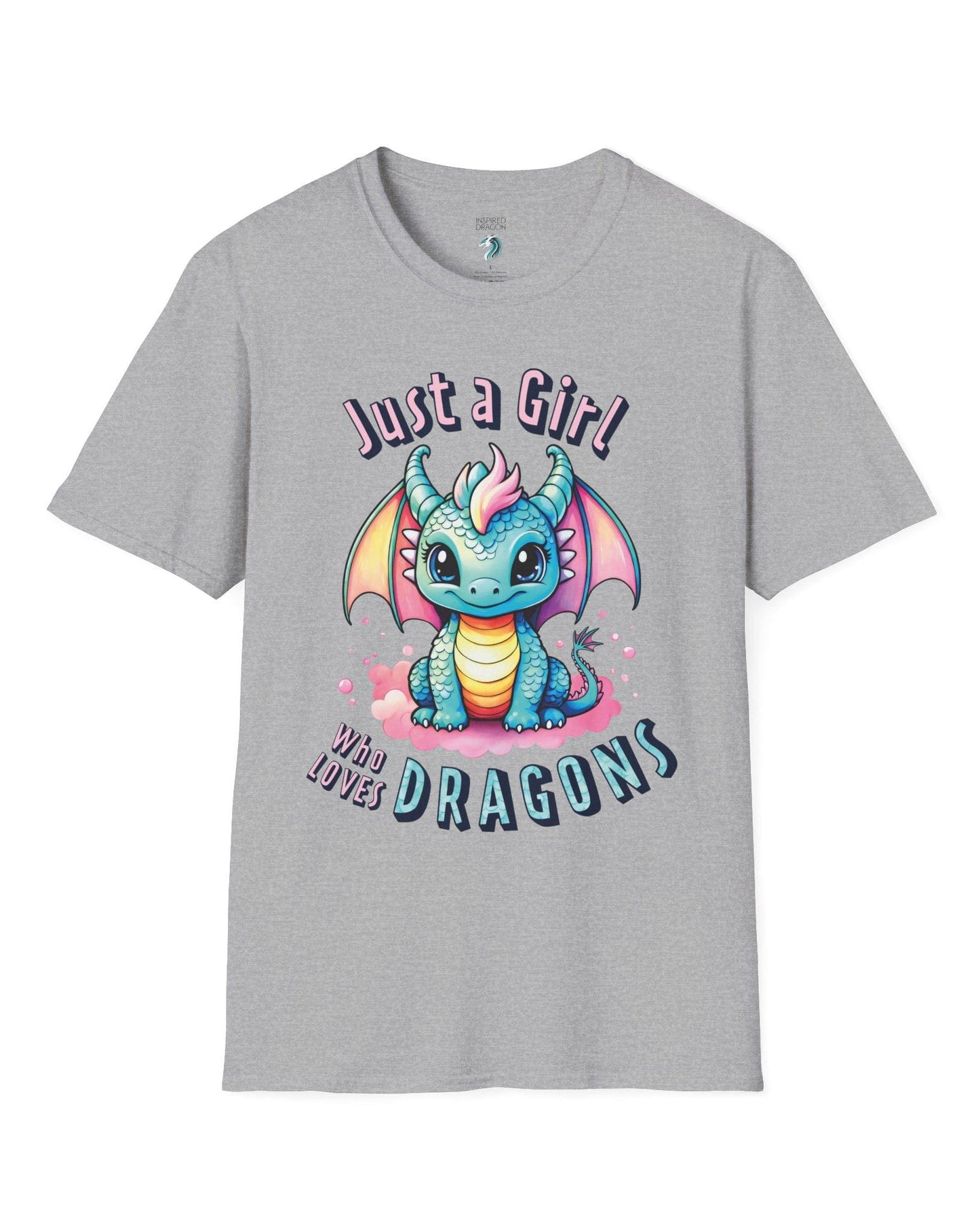 Just a Girl Who Loves Dragons shirt in sport grey featuring an adorable wide-eyed dragon in vibrant pastel colors.